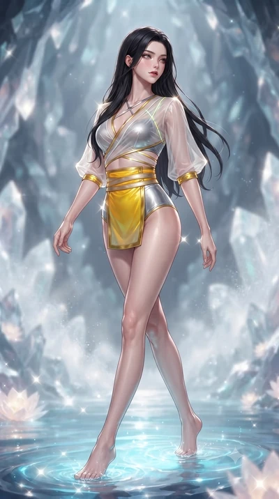 score_9, masterpiece, best quality, ultra-detailed, high-budget anime keyframe, editorial fashion photography, tasteful artistic composition, Korean woman. low angle full-body shot from head to toe showing her feet, filling the entire 9:16 vertical f
