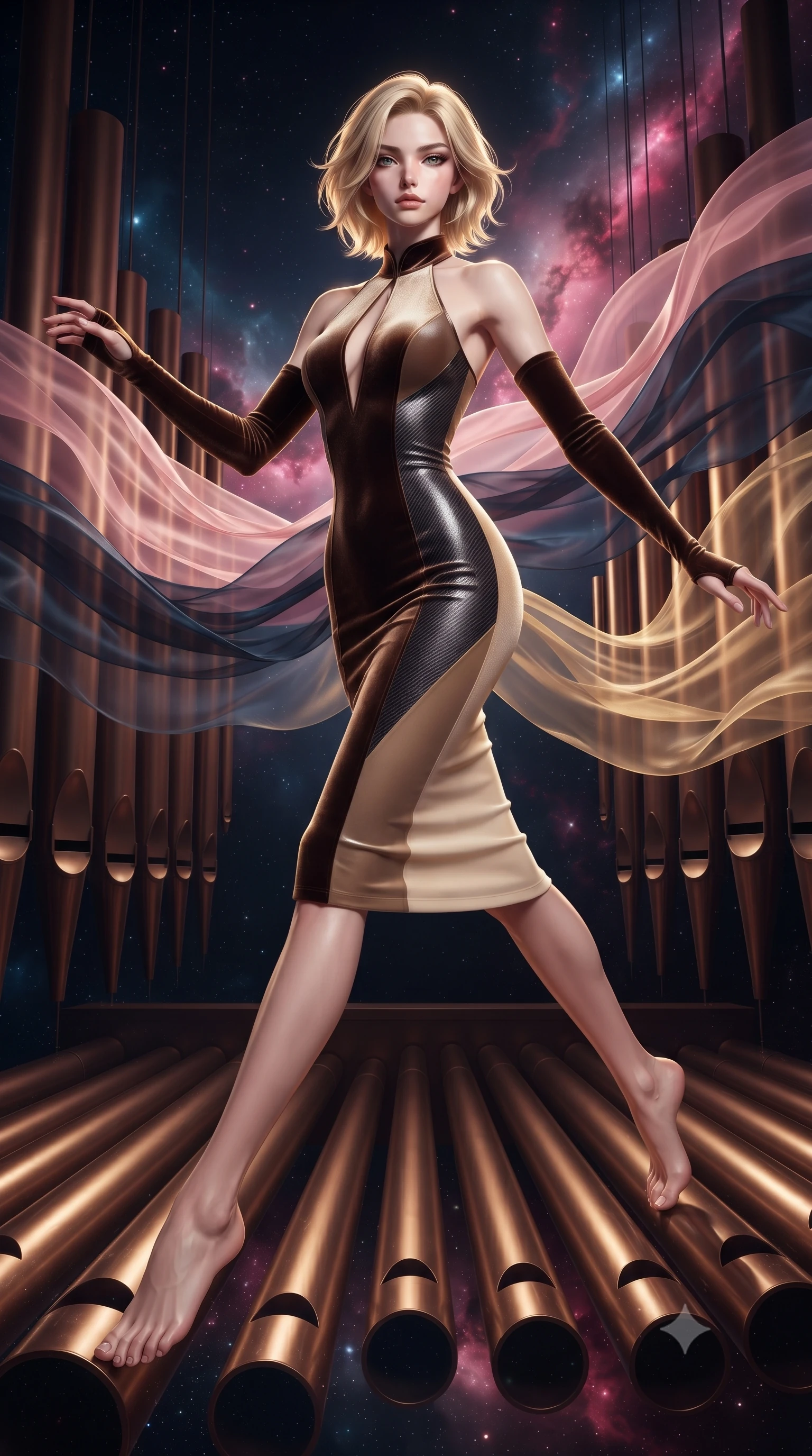 score_9, masterpiece, best quality, ultra-detailed, high-budget anime keyframe, editorial fashion photography, tasteful artistic composition, Caucasian woman. low angle full-body shot from head to toe showing her feet, filling the entire 9:16 vertical frame with her statuesque presence, stretching her vertical silhouette. stepping forward in a proud dynamic stride, her vertical silhouette filling the frame with statuesque presence while leaping gracefully across massive bronze pipe organ tubes suspended in deep space, translucent silk drapes swirling in a dynamic cosmic wind vortex. She has an absolutely perfect, statuesque 8.5-heads proportion, an exceptionally tall and slender model-like female figure with impossibly long slender legs and an ultra-slim waist. sharp v-shaped jawline, high-bridge nose, intricate jewel-like eyes with depth, thick eyelashes, glossy lips with a natural sheen, flawlessly proportioned anatomical accuracy, natural body alignment, perfectly sculpted elegant limbs, clean dynamic posture without body distortion. wearing a velvet halter-neck midi dress following her form like a glove in espresso brown and warm cream, made of fine carbon-fiber weave and soft matte leather, accented with a Tasteful chest slit framing her clavicle gracefully, the glove-like fit emphasizing her statuesque silhouette during motion. bathed in dramatic cosmic pink and navy nebula backlighting with gold key light. ultra-reflective glossy finish, specular highlights, metallic sheen, high-contrast stereoscopic depth, volumetric dynamic lighting, 2k, ultra detail, master piece, 9:16 ratio