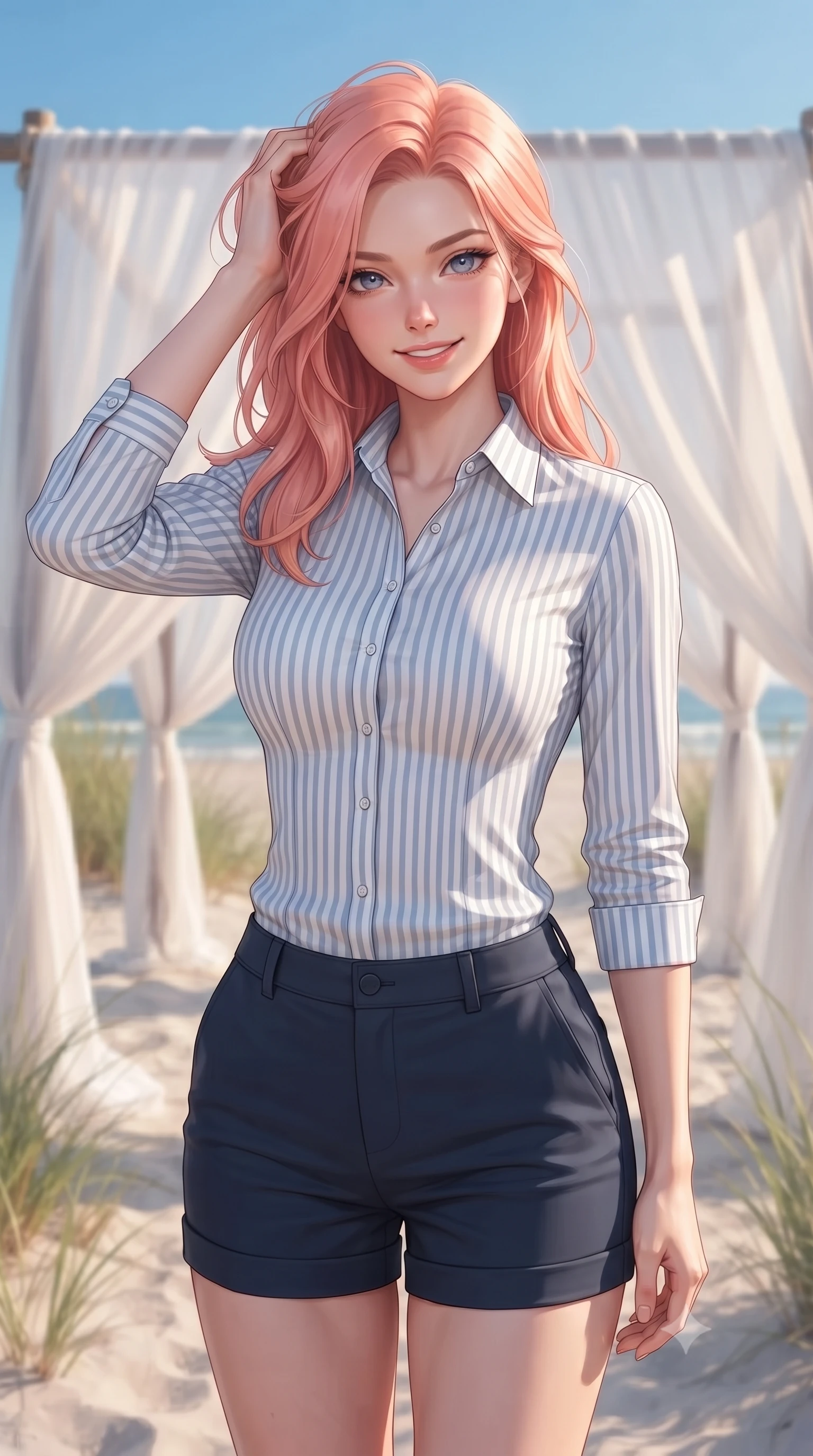 score_9, masterpiece, best quality, ultra-detailed, high-budget anime keyframe, editorial fashion photography, tasteful artistic composition, Japanese woman woman. close-up cowboy shot from the waist and thighs up, the character dominates the composition, filling the frame with her large presence, background elements kept in soft focus. smiling with quiet, magnetic self-assurance directly into the camera, running a hand through her hair the background shows a soft-focus a white fabric canopy set on the sand, surrounded by beachgrass under a clear sky. She has an exceptionally elegant, slender, and willowy female figure with an ultra-slim waist, a gracefully sculpted slender torso, and a refined silhouette. sharp v-shaped jawline, high-bridge nose, intricate jewel-like eyes with depth, thick eyelashes, glossy lips with a natural sheen. wearing a body-hugging tailored striped dress shirt with a neat collar and navy chino shorts. soft afternoon light filtering through the white canopy cloth. ultra-reflective glossy finish, specular highlights, metallic sheen, high-contrast stereoscopic depth, volumetric dynamic lighting, 2k, ultra detail, master piece, 9:16 ratio