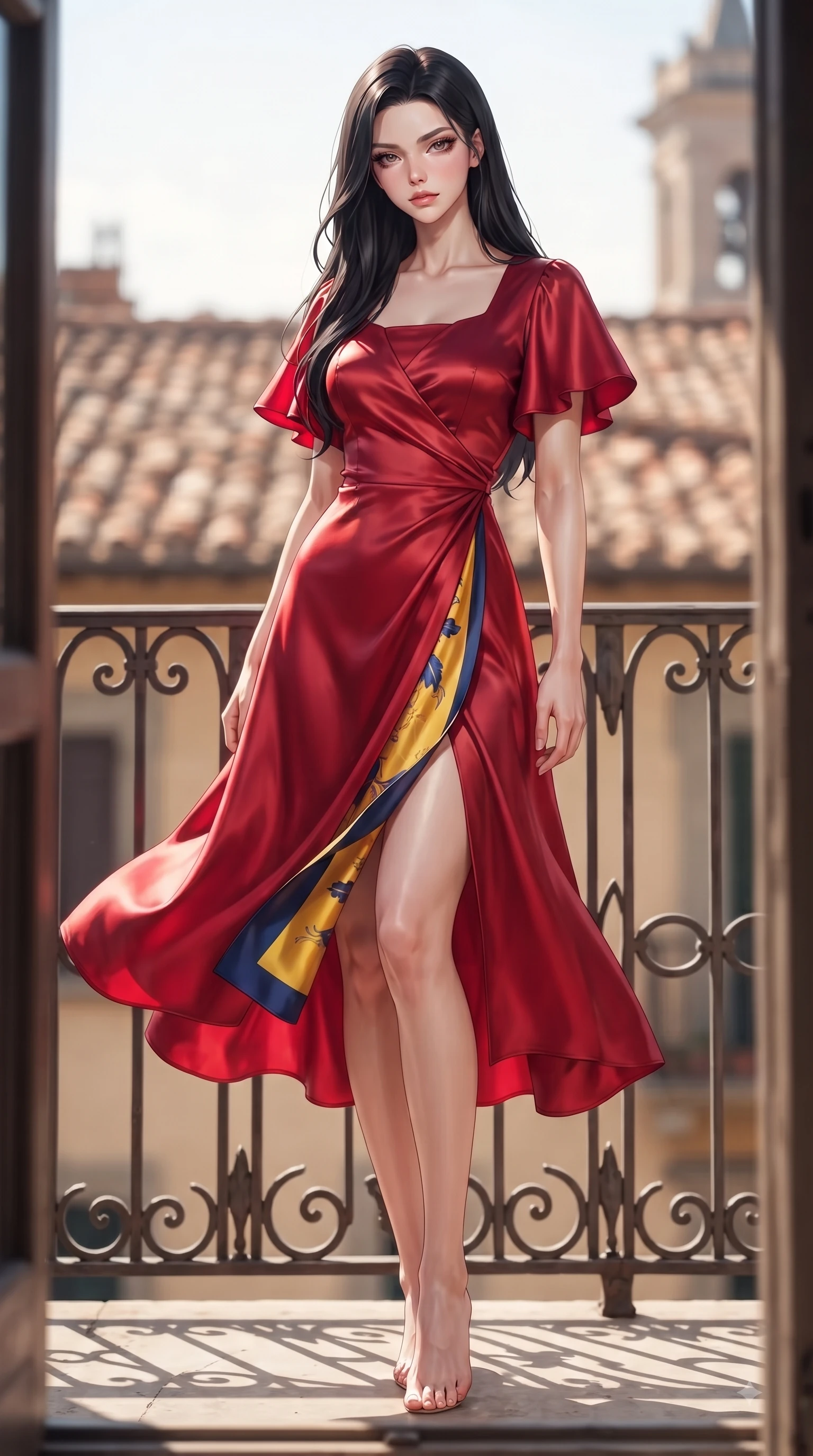 score_9, masterpiece, best quality, ultra-detailed, high-budget anime keyframe, editorial fashion photography, tasteful artistic composition, Korean woman. low angle full-body shot from head to toe showing her feet, filling the entire 9:16 vertical frame with her statuesque presence, stretching her vertical silhouette. Statuesque haughty posture with a cool, sharp glance and composed high-fashion elegance while pivoting dynamically near a sunlit wrought-iron balcony as a warm afternoon breeze billows her outfit. The composition keeps background elements in soft focus with dreamy bokeh. rustic European balconies blurring smoothly behind her high-fashion silhouette. She has an absolutely perfect, statuesque 8.5-heads proportion, an exceptionally tall and slender model-like female figure with impossibly long slender legs and an ultra-slim waist. sharp v-shaped jawline, high-bridge nose, intricate jewel-like eyes with depth, thick eyelashes, glossy lips with a natural sheen, flawlessly proportioned anatomical accuracy, natural body alignment, perfectly sculpted elegant limbs, clean dynamic posture without body distortion. wearing a sleek ruby red wrap midi dress featuring a tasteful side leg slit in sunflower yellow and royal navy blue, crafted from smooth liquid silk satin, featuring elegant flutter sleeves and a graceful square neckline, the fluid drape swaying gracefully with her dynamic editorial movement. surrounded by a sophisticated, cinematic, and timeless European editorial aura. ultra-reflective glossy finish, specular highlights, metallic sheen, high-contrast stereoscopic depth, volumetric dynamic lighting, 2k, ultra detail, master piece, 9:16 ratio