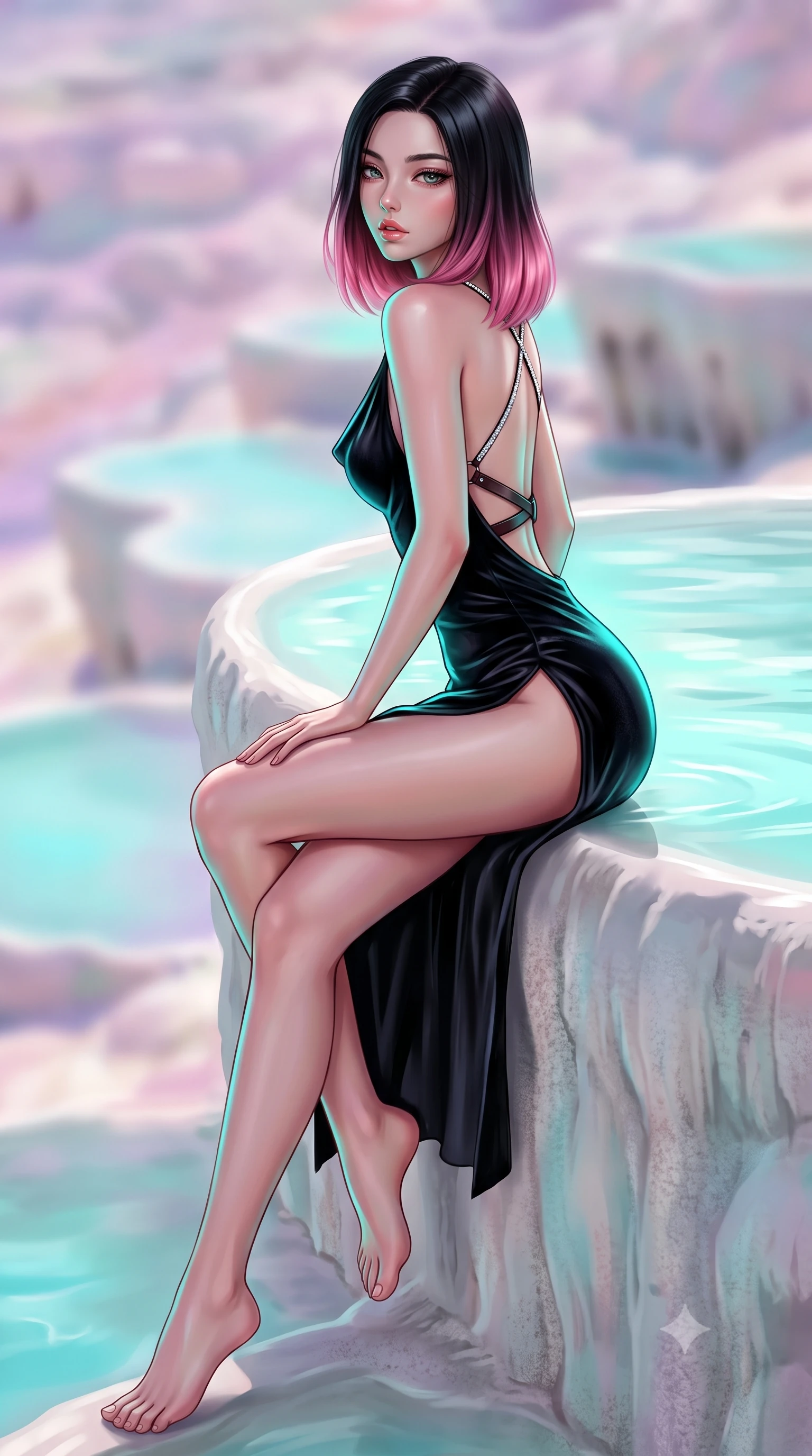 score_9, masterpiece, best quality, ultra-detailed, high-budget anime keyframe, semi-realistic 3D game render, editorial fashion photography, tasteful artistic composition, Korean woman. low angle full-body shot from head to toe showing her feet, filling the entire 9:16 vertical frame with her statuesque presence, stretching her vertical silhouette. leaning deep against the structural architecture with hips cocked in an unapologetically bold, seductive high-fashion stance while sitting on the smooth calcified white mineral rim with legs crossed, looking over her bare shoulder with sun-dazed, seductive bedroom-eyes. The composition keeps background elements in soft focus with creamy bokeh. cascading tiered milky-cyan mineral pools and vast Anatolian plains blurred into pastel pink, lavender, and opalescent turquoise bokeh. She has an exceptionally tall and slender model-like 8.5-heads proportion, an ultra-slim waist, a flat toned midriff, narrow delicate ribcage, and beautifully sculpted feminine hips creating a graceful, slim hourglass silhouette without any bulky heaviness, with impossibly long slender legs. sharp v-shaped jawline, high-bridge nose, intricate jewel-like eyes with depth, thick eyelashes, glossy parted lips with a natural sheen, intensely captivating and seductive bedroom-eyes expression, flawlessly proportioned anatomical accuracy, strict slender model proportions, natural body alignment, perfectly sculpted long slender limbs, ultra-slim waistline, clean dynamic posture without body distortion. wearing a backless cowl-neck satin slip dress featuring high-cut side hip slits and delicate criss-cross back straps in pitch-black velvet with diamond crystal trim, crafted from heavyweight crushed silk velvet with liquid vintage luster, featuring an open-back criss-cross harness strap in dark leather, the liquid-tight tailored fabric clinging flawlessly to her narrow waist and rounded feminine hips, emphasizing every millimeter of her sculpted slim hourglass curves without any bulky heaviness. illuminated by luminous turquoise water reflections sharply carving her razor-sharp jawline, narrow waist, and curvy hips. highly saturated vibrant anime colors, detailed shading with soft gradients, rich glossy textures, high-contrast stereoscopic depth, volumetric dynamic lighting, master piece, 9:16 ratio