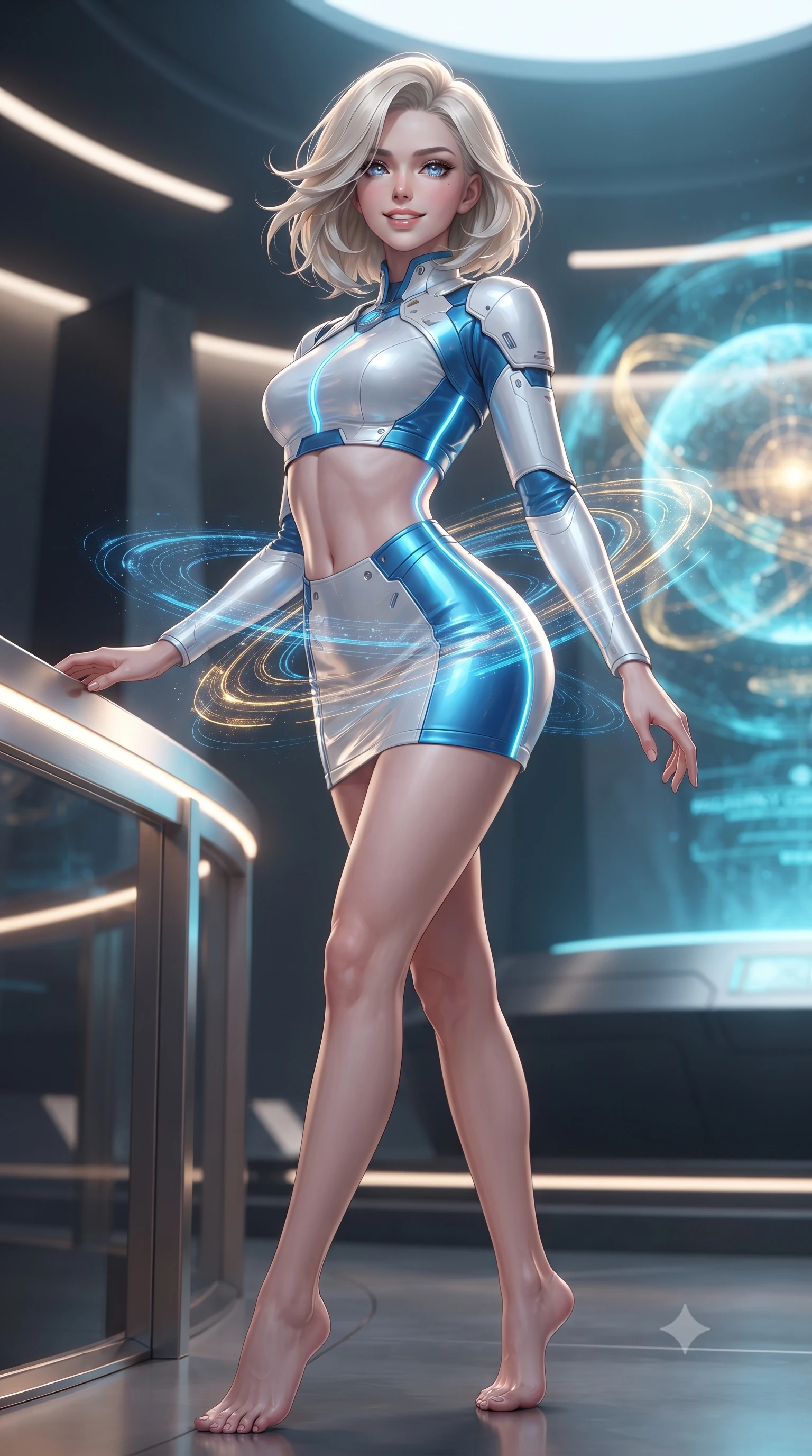 score_9, masterpiece, best quality, ultra-detailed, high-budget anime keyframe, editorial fashion photography, tasteful artistic composition, Caucasian woman. low angle full-body shot from head to toe showing her feet, filling the entire 9:16 vertical frame with her statuesque presence, stretching her vertical silhouette. standing in a tall, confident posture with one hand on a glowing metal railing, stretching her statuesque body as she arches her lower back to emphasize her sculpted feminine hips and slender waist while twisting her slender torso in an alluring contrapposto stance, complex planetary data streams wrapping around her narrow waist and hips. The background shows a soft-focus soaring minimalist black stone monoliths and recessed lighting strips softened in prestigious sci-fi senate shallow focus. She has an absolutely perfect, statuesque 8.5-heads proportion, an exceptionally tall and slender model-like female figure with impossibly long slender legs, an ultra-slim waist, a flat toned midriff, narrow delicate ribcage, and beautifully sculpted feminine hips creating a graceful, slim hourglass silhouette without any bulky heaviness. sharp v-shaped jawline, high-bridge nose, intricate jewel-like sparkling eyes with depth, thick eyelashes, glossy parted lips with a natural sheen, bright confident smile with an enchanting and coquettish sensual glint, exuding both youthful magnetic charm and sovereign high-tech allure, flawlessly proportioned anatomical accuracy, strict slender model proportions, natural body alignment, perfectly sculpted long slender limbs, ultra-slim waistline, clean dynamic posture without body distortion. wearing a modern mecha-suit two-piece set featuring a cropped armored bolero top and micro tactical skirt with chrome rings in arctic snowflake white and electric plasma blue, tailored from brushed aeronautical titanium alloy with matte satin sheen, accented with glowing neon fiber-optic piping tracing her spine and hip lines, the form-contouring cut accentuating her sculpted flat midriff, narrow delicate ribcage, and gracefully curvy hips with cybernetic supermodel precision. bathed in regal gold and cyan holographic light radiating from the floating globe matrix. ultra-reflective glossy finish, specular highlights, rich textural contrasts, high-contrast stereoscopic depth, volumetric dynamic lighting, 2k, ultra detail, master piece, 9:16 ratio