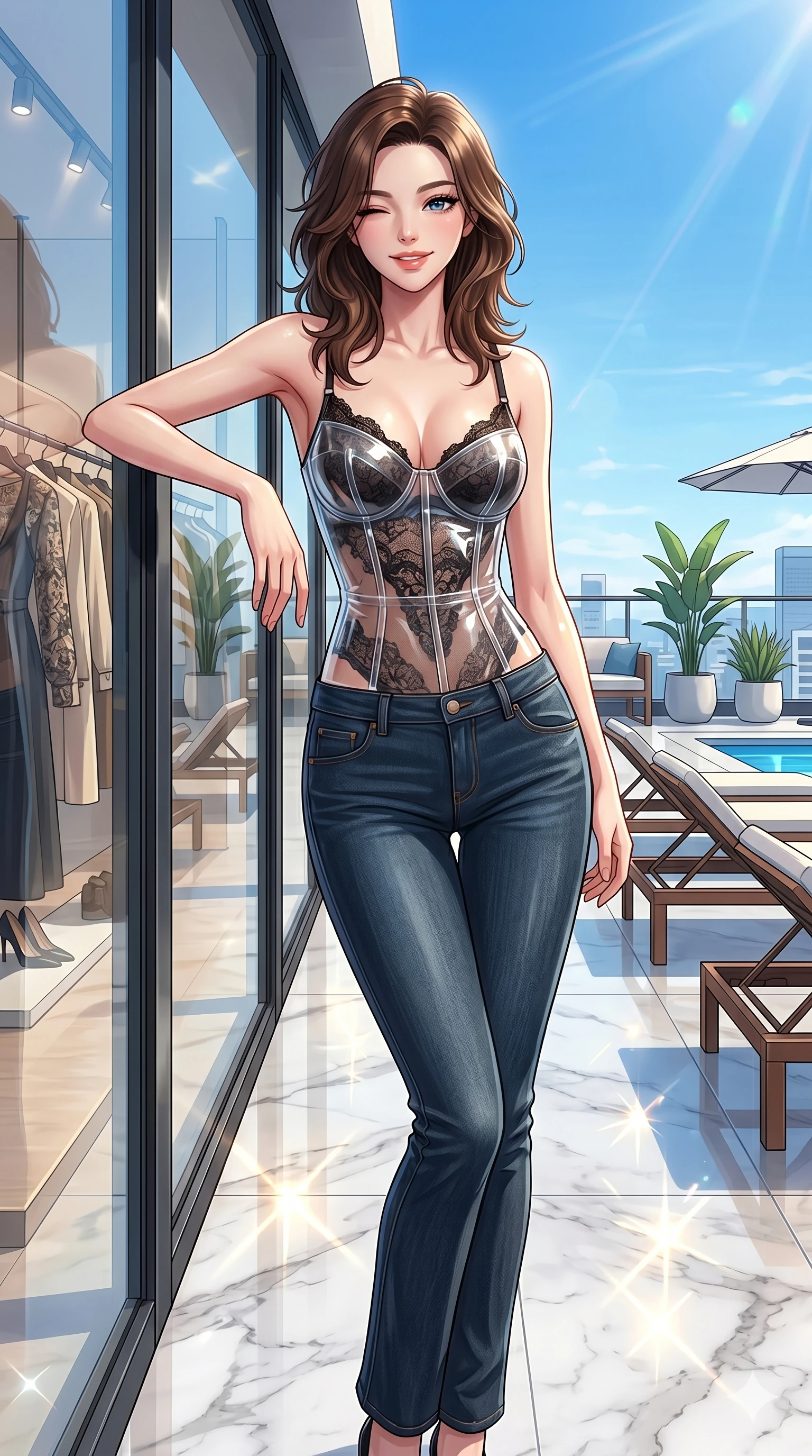 score_9, masterpiece, best quality, ultra-detailed, high-budget anime keyframe, vibrant anime aesthetic, Korean woman. cowboy shot from the thighs up, character and outfit filling the frame for maximum presence. She is leaning against a boutique window, winking with a playful and lively expression on a sunny rooftop pool lounge under blue sky (Code-P20-164). She has an absolutely perfect 8-heads proportion, an exceptionally tall and slender female figure with impossibly long slender legs and an ultra-slim waist. V-shaped jawline, high-bridge nose, intricate jewel-like eyes with depth, thick eyelashes, glossy lips with a natural sheen. wearing a transparent vinyl corset over a black lace bodysuit. She is illuminated by direct, sparkling sunbeams reflecting off the polished marble floor. 2k, ultra detail, master piece, 9:16 ratio