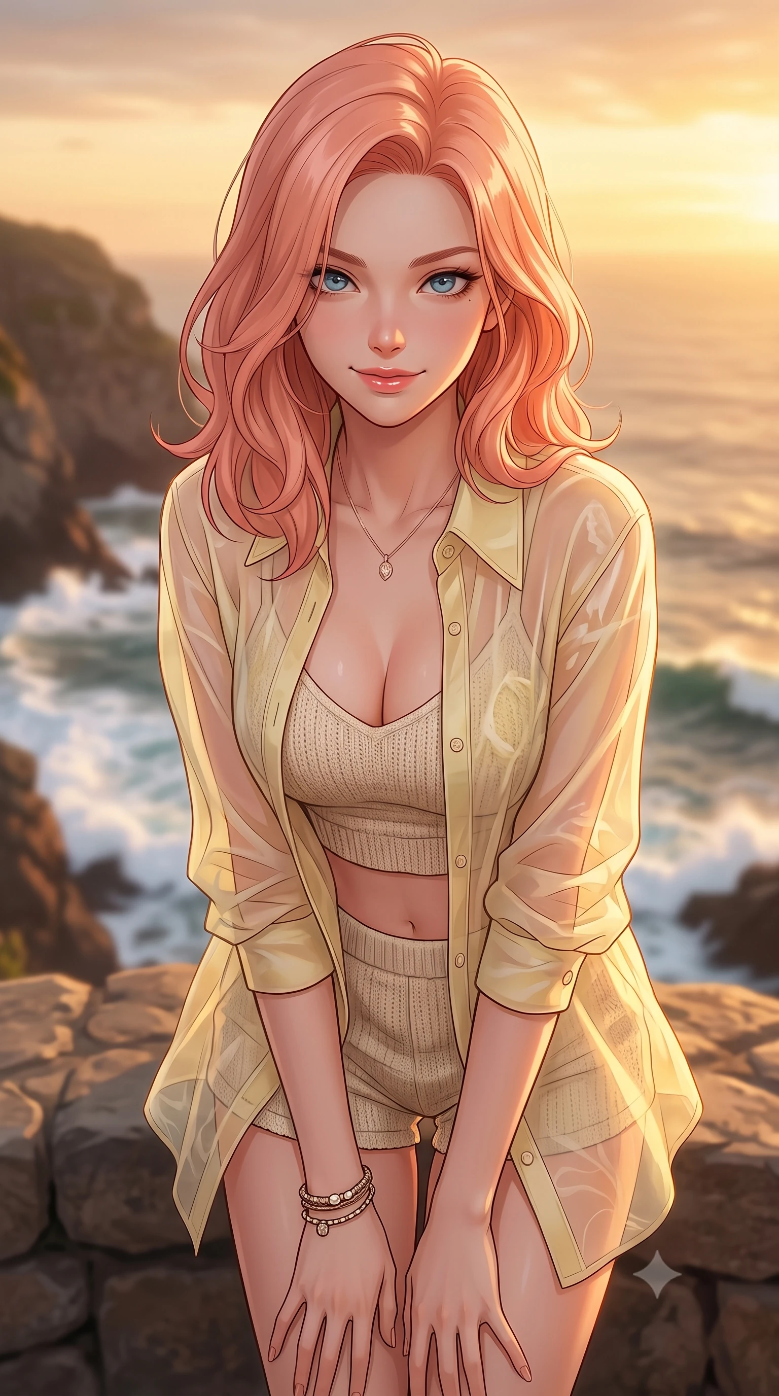 score_9, masterpiece, best quality, ultra-detailed, high-budget anime keyframe, editorial fashion photography, tasteful artistic composition, Japanese woman woman. close-up cowboy shot from the waist and thighs up, the character dominates the composition, filling the frame with her large presence, background elements kept in soft focus. leaning slightly forward with a playful, teasing smile, her gaze locked onto the viewer the background shows a soft-focus a natural stone lookout platform facing a dramatic rocky bay with breaking waves. She has an exceptionally elegant, slender, and willowy female figure with an ultra-slim waist, a gracefully sculpted slender torso, and a refined silhouette. sharp v-shaped jawline, high-bridge nose, intricate jewel-like eyes with depth, thick eyelashes, glossy lips with a natural sheen. wearing a slim-fit sheer organza shirt in pale yellow worn open over a knit crop top and micro-shorts. the golden hour sunset creating a warm, majestic glow on the water. 2k, ultra detail, master piece, 9:16 ratio