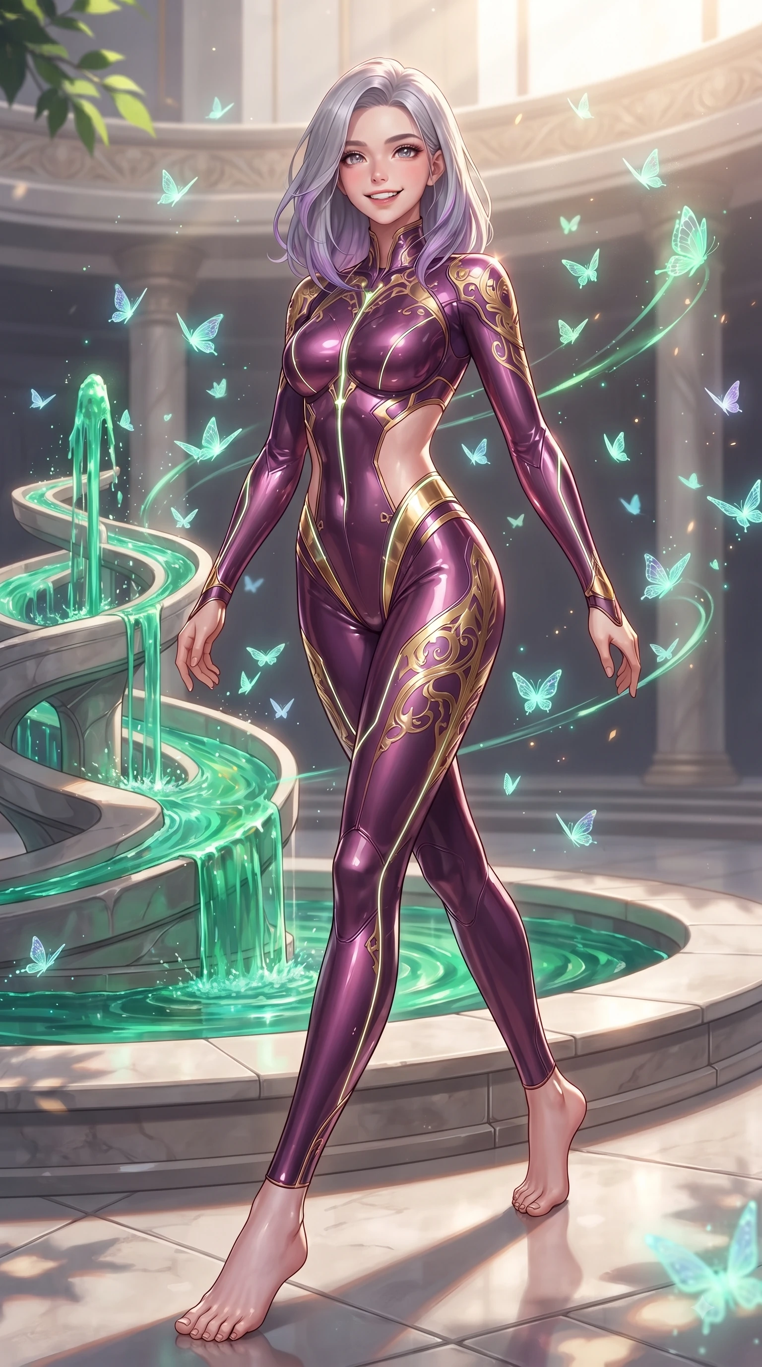 score_9, masterpiece, best quality, ultra-detailed, high-budget anime keyframe, editorial fashion photography, tasteful artistic composition, Caucasian woman. low angle full-body shot from head to toe showing her feet, filling the entire 9:16 vertical frame with her statuesque presence, stretching her vertical silhouette. stepping forward in a proud dynamic stride with a cheerful beaming smile, her vertical silhouette filling the frame while pivoting dynamically beside a hydro-flow spiral fountain flowing with bright emerald sap, hundreds of bioluminescent glass butterflies fluttering around her in cheerful light trails. She has an absolutely perfect, statuesque 8.5-heads proportion, an exceptionally tall and slender model-like female figure with impossibly long slender legs and an ultra-slim waist. sharp v-shaped jawline, high-bridge nose, intricate jewel-like eyes with depth, thick eyelashes, glossy lips with a natural sheen, flawlessly proportioned anatomical accuracy, natural body alignment, perfectly sculpted elegant limbs, clean dynamic posture without body distortion. wearing a skin-tight cybernetic bodysuit with glowing neon seams and side cutouts in plum purple and gold filigree, tailored from high-gloss patent leather, featuring clean architectural cutouts along her slender torso, the glove-like fit emphasizing her statuesque silhouette during motion. illuminated by brilliant sunbeams casting cheerful organic leaf stencil shadows. ultra-reflective glossy finish, specular highlights, metallic sheen, high-contrast stereoscopic depth, volumetric dynamic lighting, 2k, ultra detail, master piece, 9:16 ratio
