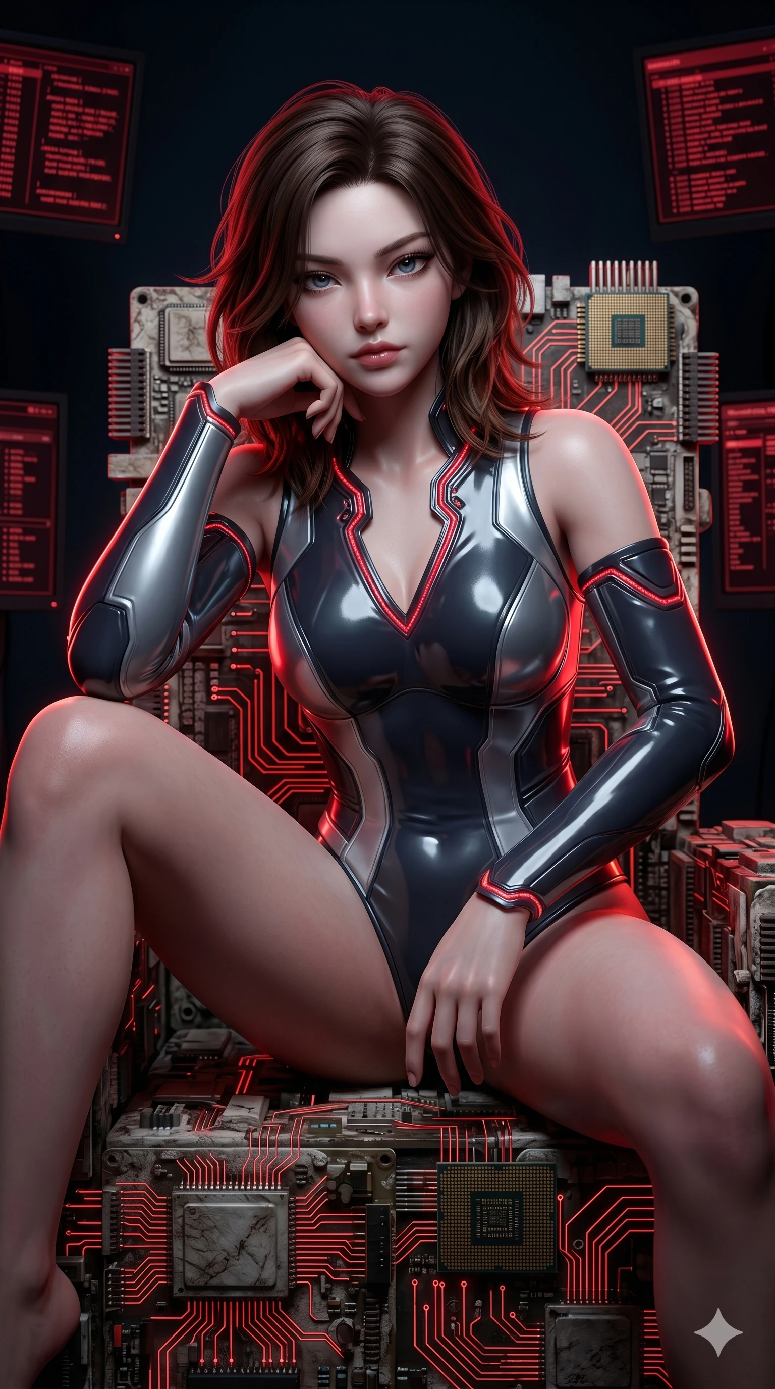 score_9, masterpiece, best quality, ultra-detailed, high-budget anime keyframe, semi-realistic 3D game render, Korean woman. Upper body close-up from the thighs up, character filling the screen for maximum presence. She is seated dynamically on a throne of calcified logic boards and glowing red circuits. She leans forward with a dangerous, enticing smolder, resting one elbow on her knee. She has an absolutely perfect 8-heads proportion, a tall and elegant figure with a refined silhouette and a defined waistline. V-shaped jawline, high-bridge nose, intricate jewel-like eyes with depth, thick eyelashes, glossy lips with a natural sheen. She is wearing a structured cybernetic bodice in glossy vinyl panels, paired with detached sleeves and a refined V-neckline detailed with glowing piping. The scene is bathed in bright white studio flash light and sharp crimson rim lighting outlining her silhouette. 2k, ultra detail, master piece, 9:16 ratio