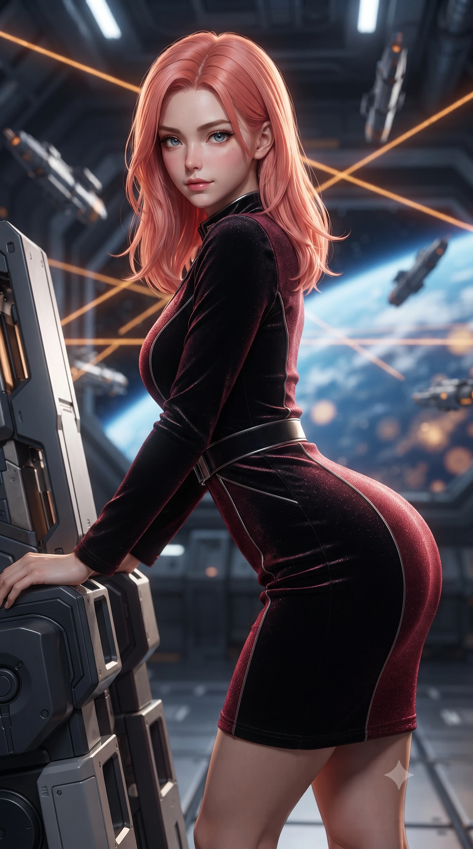score_9, masterpiece, best quality, ultra-detailed, high-budget anime keyframe, editorial fashion photography, tasteful artistic composition, Japanese woman. close-up cowboy shot from the waist and thighs up, the character dominates the composition, filling the frame with her large presence. leaning forward while arching her lower back to accentuate her curvy hips, looking into the camera with an intoxicating smoldering gaze and bedroom-eyes while leaning against the robotic loader pylon with hips cocked back, watching amber laser targeting beams scan floating munitions with intoxicating bedroom-eyes. The background shows a soft-focus floating kinetic railgun shells in zero-g magnetic cradles, criss-crossing amber laser scanning grids, and open hangar shields revealing blue Earth blurred into amber, cobalt, and onyx bokeh. She has an exceptionally elegant, slender, and willowy female figure with an ultra-slim waist, flat toned midriff, narrow ribcage, and sculpted feminine hips creating an alluring, slim hourglass silhouette without bulk. sharp v-shaped jawline, high-bridge nose, intricate jewel-like sparkling eyes with depth, thick eyelashes, glossy parted lips with a natural peach sheen, bright cheerful beaming smile with an enchanting and coquettish sensual glint, exuding both youthful cute charm and seductive allure, flawlessly proportioned anatomical accuracy, strict slender model proportions, natural body alignment, perfectly sculpted long slender limbs, ultra-slim waistline, clean dynamic posture without body distortion. wearing a tailored liquid velvet combat sheath dress with subtle metallic piping following her feminine curves without bulk in Star-Fortress obsidian black and imperial crimson, woven from stretch metallic lurex jersey casting radiant starlight glints across her curves, finished with sleek magnetic buckle closures fluttering in the breeze, the bespoke structured tailoring following the natural line of her 8.5-heads silhouette with refined elegance. bathed in crisp white 5000K inspection spotlights combined with glowing amber laser alignment grids. ultra-reflective glossy finish, specular highlights, rich textural contrasts, high-contrast stereoscopic depth, volumetric dynamic lighting, 2k, ultra detail, master piece, 9:16 ratio