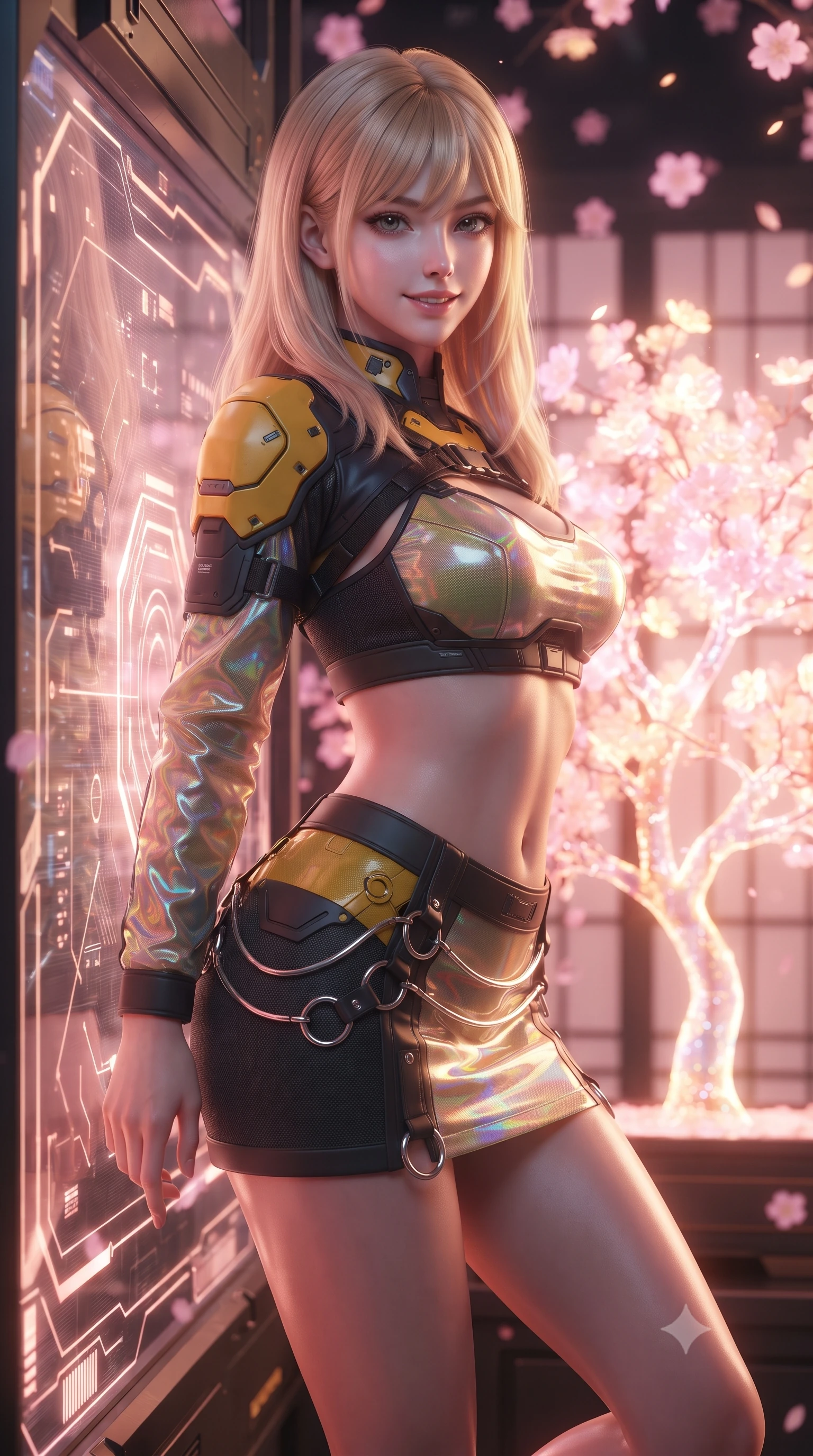 score_9, masterpiece, best quality, ultra-detailed, high-budget anime keyframe, editorial fashion photography, tasteful artistic composition, Japanese woman. close-up cowboy shot from the waist and thighs up, the character dominates the composition, filling the frame with her large presence. leaning back against the glowing maintenance bulkhead with relaxed seductive grace, her flat midriff and narrow waist highlighted as laser ambient light traces her curves while standing poised beside a glowing holographic cherry blossom tree with hips cocked back, looking into the camera with bedroom-eyes. The background shows a soft-focus drifting holographic pink sakura blossoms and glowing digital shoji screens blurred into cherry blossom pink, gold, and midnight black bokeh. She has an exceptionally elegant, slender, and willowy female figure with an ultra-slim waist, flat toned midriff, narrow ribcage, and sculpted feminine hips creating an alluring, slim hourglass silhouette without bulk. sharp v-shaped jawline, high-bridge nose, intricate jewel-like sparkling eyes with depth, thick eyelashes, glossy parted lips with a natural sheen, bright confident smile with an enchanting and coquettish sensual glint, exuding both youthful magnetic charm and sovereign high-tech allure, flawlessly proportioned anatomical accuracy, strict slender model proportions, natural body alignment, perfectly sculpted long slender limbs, ultra-slim waistline, clean dynamic posture without body distortion. wearing a modern mecha-suit two-piece set featuring a cropped armored bolero top and micro tactical skirt with chrome rings in industrial hazard yellow and matte carbon black, woven from layered gossamer holographic organza casting chromatic prism reflections, finished with criss-cross Kevlar tactical straps tracing her graceful shoulder blades, the aerodynamic second-skin silhouette tightly following the natural contour of her hips and long slender legs with youthful 8.5-heads elegance. bathed in soft, romantic cherry-pink and warm amber holographic glow. ultra-reflective glossy finish, specular highlights, rich textural contrasts, high-contrast stereoscopic depth, volumetric dynamic lighting, 2k, ultra detail, master piece, 9:16 ratio