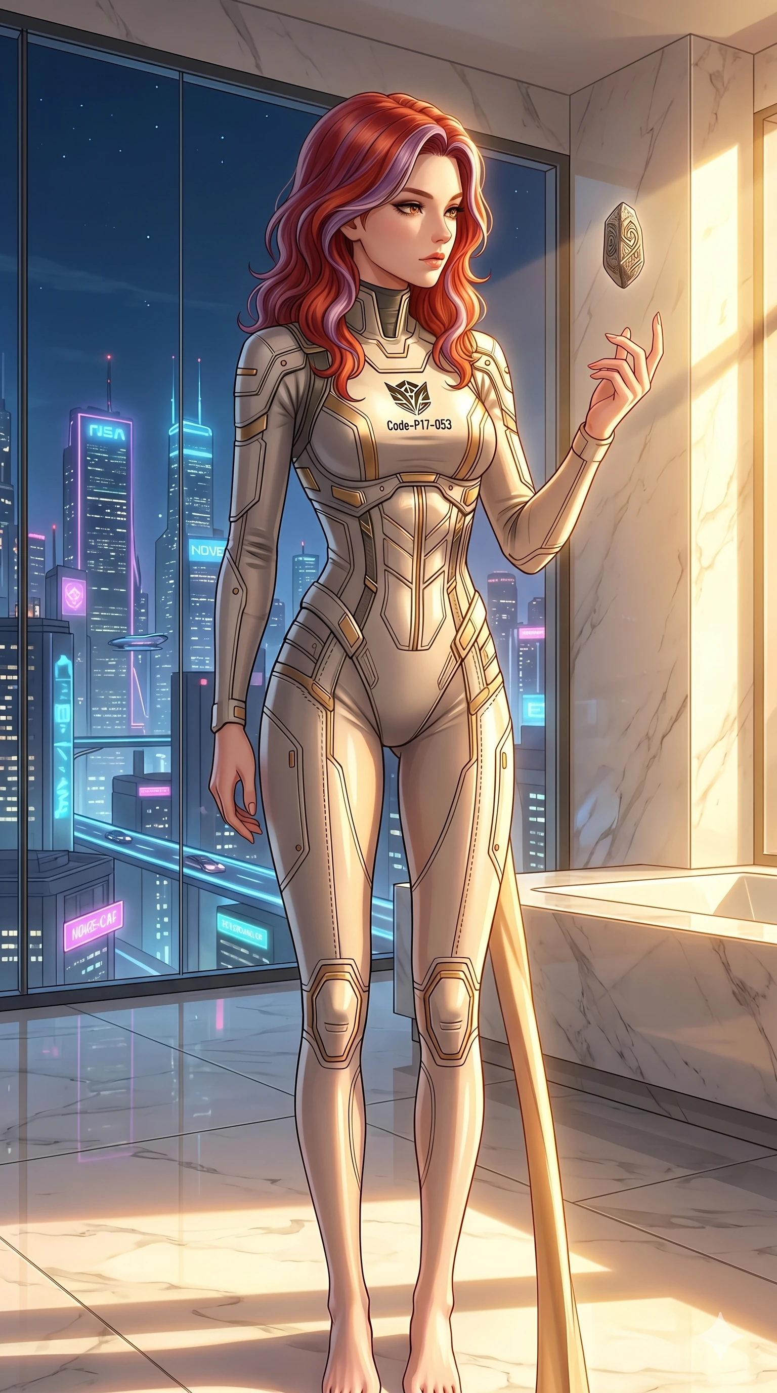 score_9, masterpiece, best quality, ultra-detailed, high-budget anime keyframe, editorial fashion photography, tasteful artistic composition, Caucasian woman, strictly human ears. cowboy shot from the thighs up, character and outfit filling the frame for maximum editorial presence. gazing at a floating runestone, her expression composed, intelligent and powerful in a luxury penthouse spa overlooking a glowing neon city skyline (Code-P17-053). She has an absolutely perfect 8-heads proportion, an exceptionally tall and slender female figure with impossibly long slender legs and an ultra-slim waist. V-shaped jawline, high-bridge nose, intricate jewel-like eyes with depth, thick eyelashes, glossy lips with a natural sheen. wearing a structured high-neck pilot suit with gold accents. drenched in brilliant afternoon sunshine, casting warm rays that trace her athletic build. 2k, ultra detail, master piece, 9:16 ratio