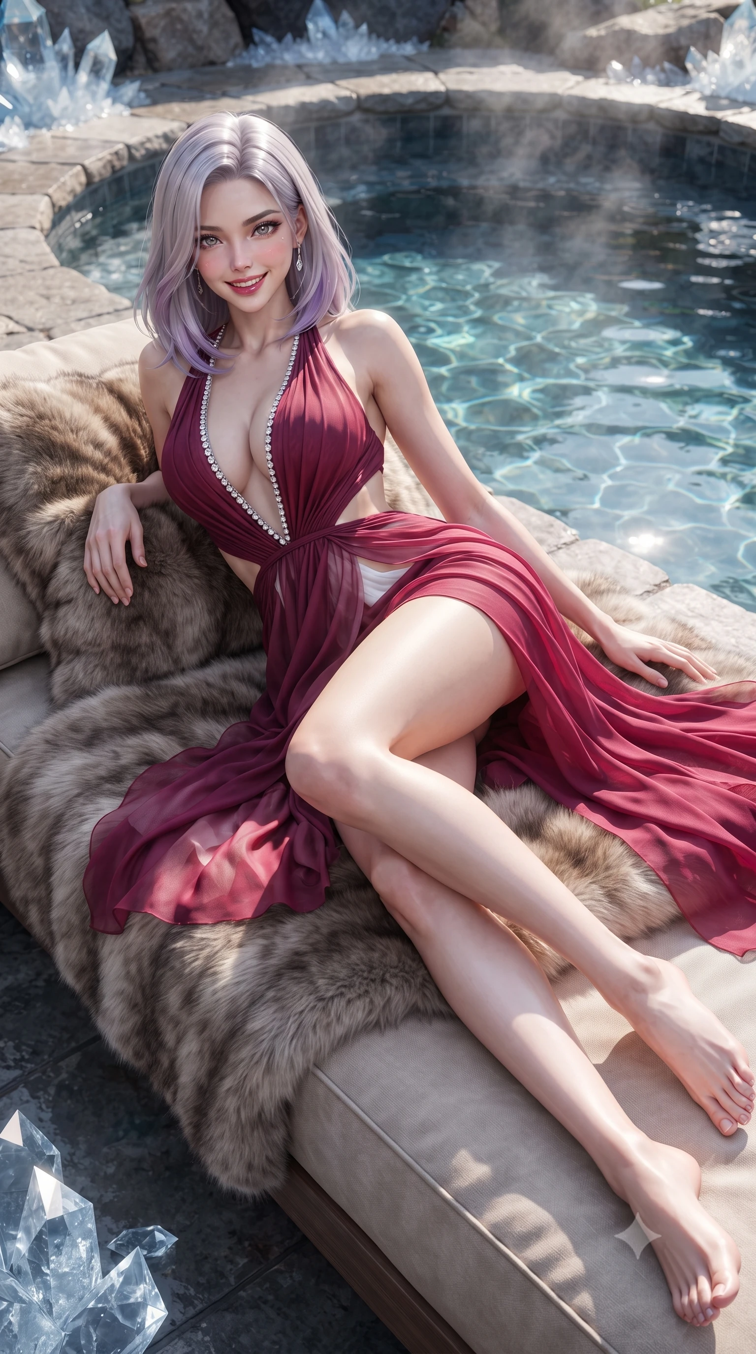 score_9, masterpiece, best quality, ultra-detailed, high-budget anime keyframe, editorial fashion photography, tasteful artistic composition, Caucasian woman. low angle full-body shot from head to toe showing her feet, filling the entire 9:16 vertical frame with her statuesque presence, stretching her vertical silhouette. reclining languidly on her side across the fur-draped daybed with one knee drawn up, her radiant smile and arched hip curve commanding the 9:16 vertical frame with youthful sensual charisma while twisting her slender torso in an alluring contrapposto stance beside the thermal water, snow crystals and water caustics highlighting her narrow waist and curvy hips. The surrounding environment is rendered in vivid detail and crisp panoramic clarity. sharp ice crystal facets, natural alpine stone coping, and crystal-clear thermal water ripple clarity in deep focus. She has an exceptionally tall and slender model-like 8.5-heads proportion, an ultra-slim waist, a flat toned midriff, narrow delicate ribcage, and beautifully sculpted feminine hips creating a graceful, slim hourglass silhouette without any bulky heaviness, with impossibly long slender legs. sharp v-shaped jawline, high-bridge nose, sparkling ice-crystal eyes with depth, frosty thick lashes, glossy parted lips with a rosy berry sheen, bright playful smile with an intoxicating seductive glint, rosy flushed cheeks radiating cozy warmth and dangerous allure, flawlessly proportioned anatomical accuracy, strict slender model proportions, natural body alignment, perfectly sculpted long slender limbs, ultra-slim waistline, clean dynamic posture without body distortion. wearing a cut-out knit mini dress with open-waist architecture emphasizing her hourglass curves in rich winter berry crimson and snow white, woven from layered gossamer chiffon with ethereal weightless flutter, finished with subtle crystal rhinestones lining the plunging neckline, the high-waisted tailoring accentuating her ultra-slim waistline and the enchanting curve of her feminine hips with alluring winter charm. illuminated by steaming pool water caustics and sharp platinum rim lights carving her razor-sharp jawline, narrow waist, and curvy hips. ultra-reflective glossy finish, specular highlights, rich textural contrasts, high-contrast stereoscopic depth, volumetric dynamic lighting, 2k, ultra detail, master piece, 9:16 ratio