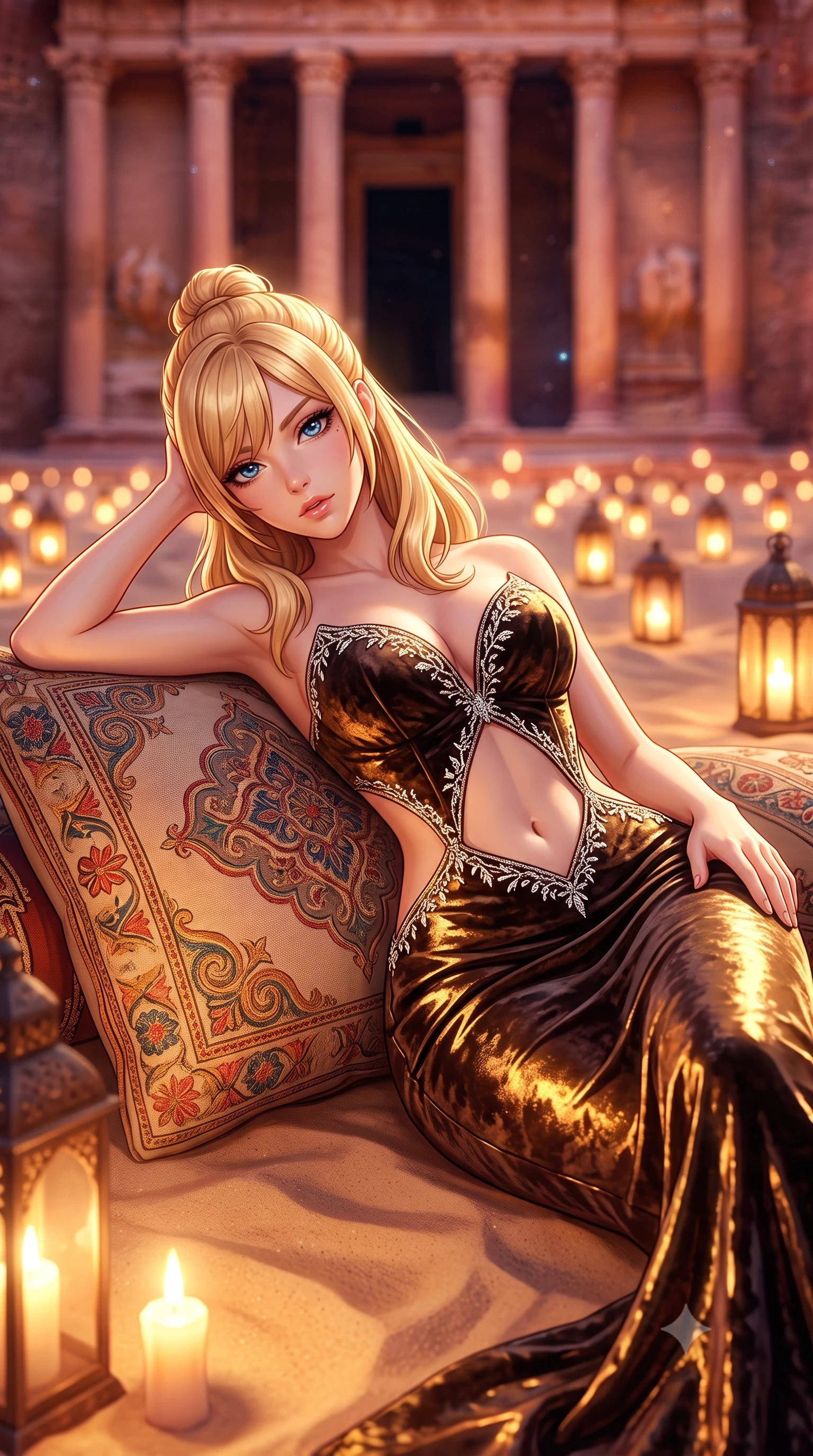 score_9, masterpiece, best quality, ultra-detailed, high-budget anime keyframe, semi-realistic 3D game render, editorial fashion photography, tasteful artistic composition, Caucasian woman. close-up cowboy shot from the waist and thighs up, the character dominates the composition, filling the frame with her large presence. leaning back with relaxed seductive grace, her sculpted collarbones and narrow waist highlighted as she casts smoldering bedroom-eyes directly into the camera while reclining across an embroidered bedouin cushion on the desert sand, her slender waist and feminine curves sculpted by warm candlelight and desert stars. The composition keeps background elements in soft focus with creamy bokeh. hundreds of flickering candlelit lanterns and towering carved Corinthian columns of the Treasury blurred into glowing amber, rose, and starlight bokeh. She has an exceptionally elegant, slender, and willowy female figure with an ultra-slim waist, flat toned midriff, narrow ribcage, and sculpted feminine hips creating an alluring, slim hourglass silhouette without bulk. sharp v-shaped jawline, high-bridge nose, intricate jewel-like eyes with depth, thick eyelashes, glossy parted lips with a natural sheen, intensely captivating and seductive bedroom-eyes expression, flawlessly proportioned anatomical accuracy, strict slender model proportions, natural body alignment, perfectly sculpted long slender limbs, ultra-slim waistline, clean dynamic posture without body distortion. wearing a deep sweetheart neckline crushed velvet corseted ballgown with an exposed midriff cutout in dark espresso brown and molten gold foil, tailored from liquid silk jersey adhering flawlessly to her slender build, finished with delicate crystal frost embroidery tracing the plunging neckline, the second-skin form-contouring cut accentuating her sculpted flat midriff, narrow delicate ribcage, and gracefully curvy hips with supermodel precision. illuminated by warm sandstone ambient reflections sharply contouring her razor-sharp jawline, narrow waist, and curvy hips. highly saturated vibrant anime colors, detailed shading with soft gradients, rich glossy textures, high-contrast stereoscopic depth, volumetric dynamic lighting, master piece, 9:16 ratio