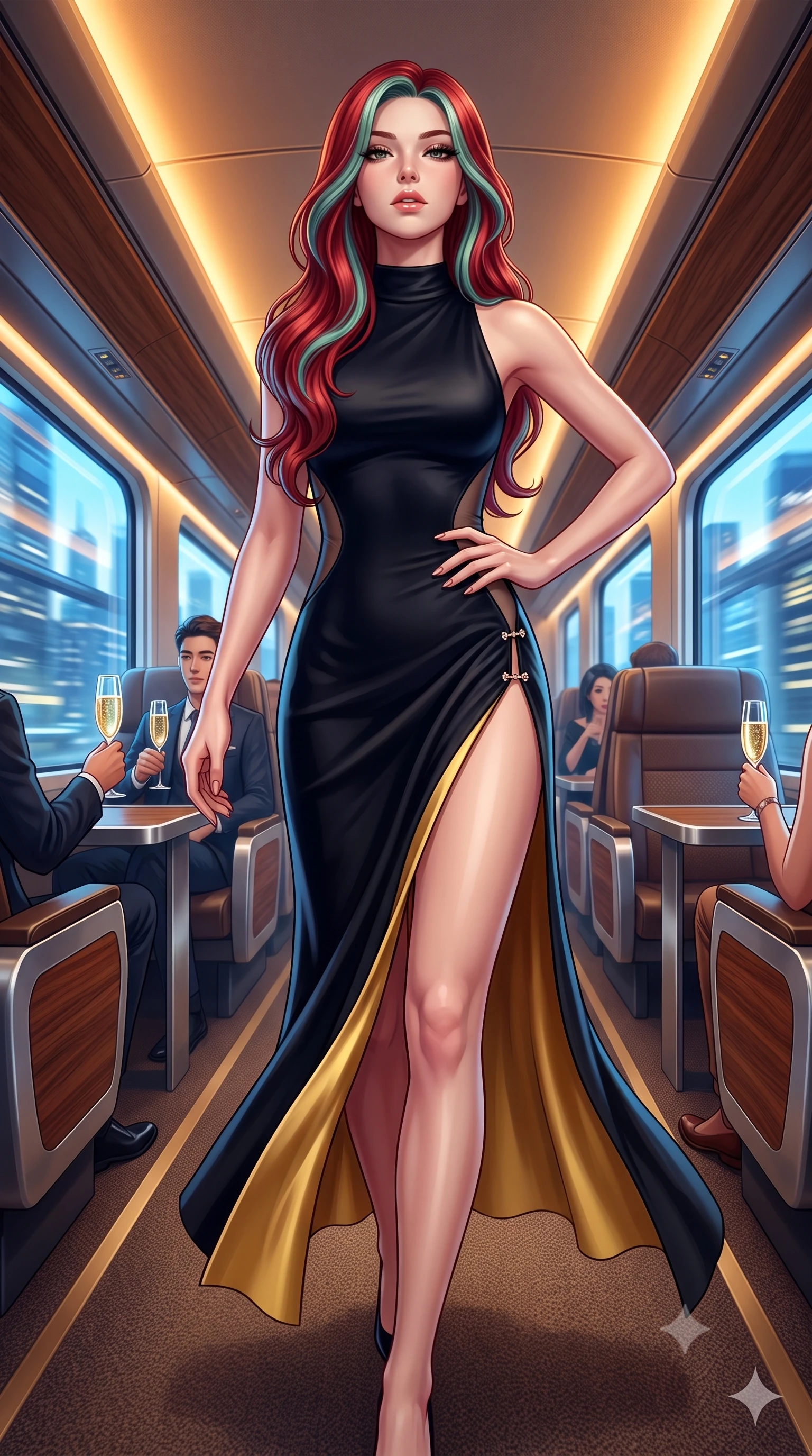 score_9, masterpiece, best quality, ultra-detailed, high-budget anime keyframe, semi-realistic 3D game render, editorial fashion photography, tasteful artistic composition, Caucasian woman. close-up cowboy shot from the waist and thighs up, the character dominates the composition, filling the frame with her large presence. tilting her chin up with proud, sovereign allure while gazing through thick eyelashes, one hand resting on her waist in pure supermodel charisma while striding down the carpeted maglev aisle with sovereign poise, her tailored high-slit dress fluttering to reveal her long legs. The surrounding environment is rendered in vivid detail and crisp panoramic clarity. detailed fabric tailoring, champagne glass bubbles, and futuristic cityscape speed blur in high clarity. She has an exceptionally elegant, slender, and willowy female figure with an ultra-slim waist, flat toned midriff, narrow ribcage, and sculpted feminine hips creating an alluring, slim hourglass silhouette without bulk. sharp v-shaped jawline, high-bridge nose, intricate jewel-like eyes with depth, thick eyelashes, glossy parted lips with a natural sheen, intensely captivating and seductive bedroom-eyes expression, flawlessly proportioned anatomical accuracy, strict slender model proportions, natural body alignment, perfectly sculpted long slender limbs, ultra-slim waistline, clean dynamic posture without body distortion. wearing a second-skin compression catsuit with an open back and sheer mesh side waist contouring in midnight obsidian black and liquid gold, made of fluid silk crepe with delicate inner corsetry boning, finished with an ultra-high side slit secured by miniature jeweled clasps, the dramatically scooped open back descending to the base of her spine, accentuating her razor-sharp statuesque lines and slim hourglass silhouette. bathed in warm amber cabin cove lighting and cool blue exterior cityscape light sweeps. highly saturated vibrant anime colors, detailed shading with soft gradients, rich glossy textures, high-contrast stereoscopic depth, volumetric dynamic lighting, master piece, 9:16 ratio