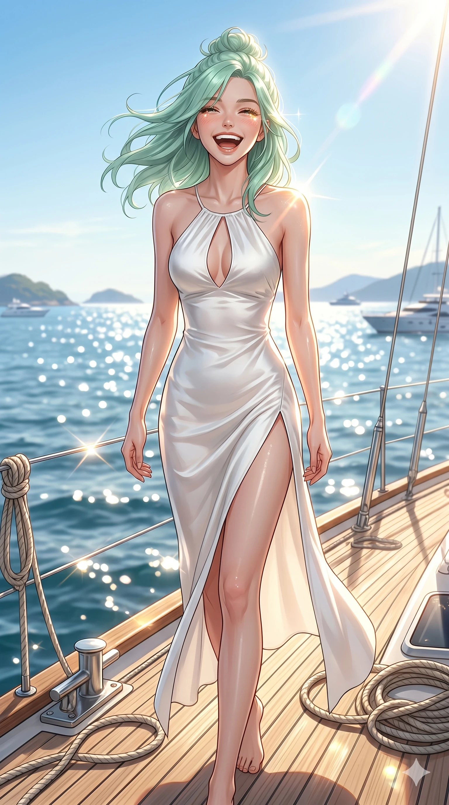 score_9, masterpiece, best quality, ultra-detailed, high-budget anime keyframe, editorial fashion photography, tasteful artistic composition, Japanese woman. cowboy shot from the thighs up, character and outfit filling the frame for maximum editorial presence. laughing happily, her eyes glowing with joy, her hair blowing in the wind standing on a yacht deck during a sunny afternoon cruise. She has an absolutely perfect 8-heads proportion, an exceptionally tall and slender female figure with impossibly long slender legs and an ultra-slim waist. V-shaped jawline, high-bridge nose, intricate jewel-like eyes with depth, thick eyelashes, glossy lips with a natural sheen. wearing a white silk slip dress with a tasteful keyhole cutout and high side slit. drenched in brilliant afternoon sunshine and sparkling reflections from the sea waves. 2k, ultra detail, master piece, 9:16 ratio