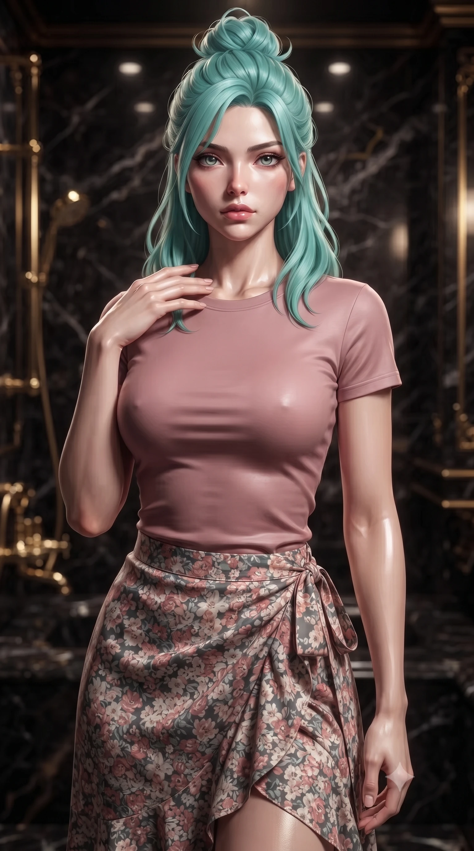 score_9, masterpiece, best quality, ultra-detailed, high-budget anime keyframe, editorial fashion photography, tasteful artistic composition, Japanese woman woman. close-up cowboy shot from the waist and thighs up, the character dominates the composition, filling the frame with her large presence, background elements kept in soft focus. standing with one hand resting on her collarbone, looking at the viewer with bedroom-eyes the background shows a soft-focus a private steam room built of dark obsidian stone with gold accents. She has an exceptionally elegant, slender, and willowy female figure with an ultra-slim waist, a gracefully sculpted slender torso, and a refined silhouette. sharp v-shaped jawline, high-bridge nose, intricate jewel-like eyes with depth, thick eyelashes, glossy lips with a natural sheen. wearing a body-hugging simple crewneck t-shirt in dusty pink paired with a floral print wrap skirt. dramatic chiaroscuro lighting focusing on her athletic, slender build. ultra-reflective glossy finish, specular highlights, metallic sheen, high-contrast stereoscopic depth, volumetric dynamic lighting, 2k, ultra detail, master piece, 9:16 ratio