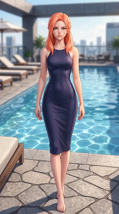 score_9, masterpiece, best quality, ultra-detailed, high-budget anime keyframe, editorial fashion photography, tasteful artistic composition, Japanese woman woman. low angle full-body shot from head to toe showing her feet, filling the entire 9:16 ve