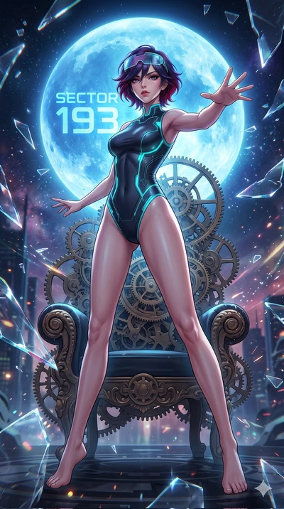 score_9, masterpiece, best quality, ultra-detailed, Set A: High-budget Anime Keyframe, Caucasian (strictly human ears) woman. Low angle cowboy shot filling the entire 9:16 frame with her statuesque presence. Casting a spell through a throne of gears,