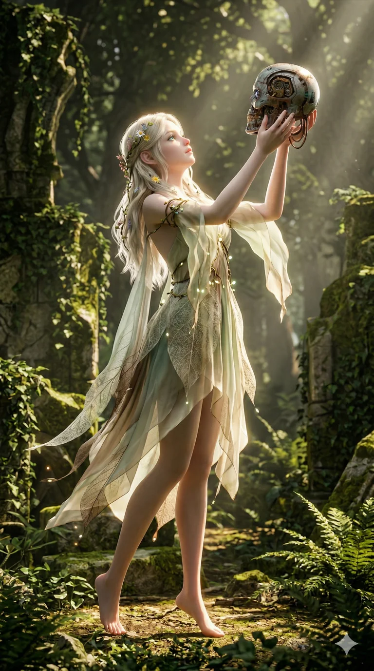 score_9, masterpiece, best quality, ultra-detailed, semi-realistic high-budget 3D game render, an incredibly beautiful ethereal Caucasian woman with flawless pale skin (strictly human ears). Dynamic full-body shot stretching vertically. She is a garden nymph who found a lost robotic skull. She has an absolutely perfect 8-heads proportion, a towering female figure with long slender legs and a delicate skinny body. Her face is a masterpiece with platinum blonde hair and emerald eyes. She is wearing a sheer fabric dress made of leaves and silk, highlighting her alluring silhouette. Sun-dappled forest and ancient ruins, dramatic rim lighting, radiant glowing skin, 2k, ultra detail, master piece, 9:16 ratio