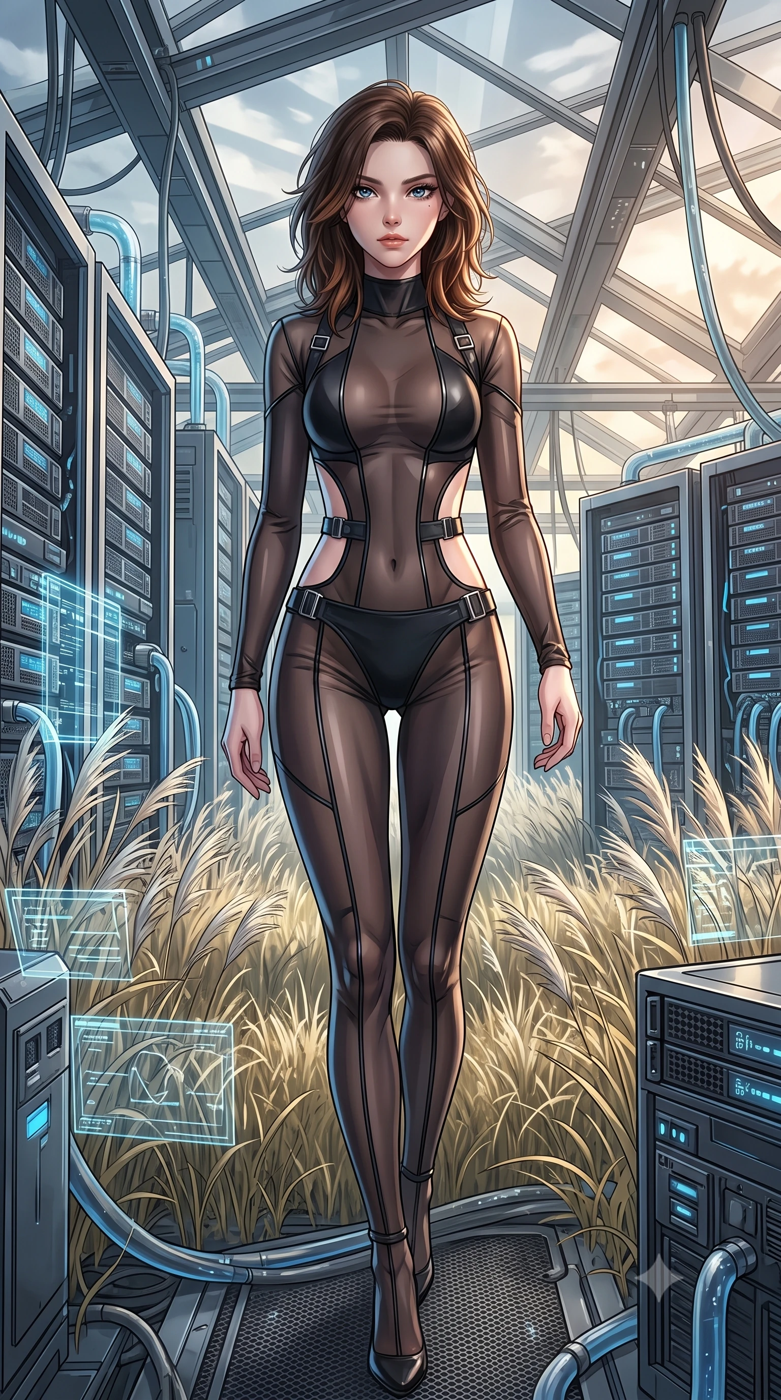 score_9, masterpiece, best quality, ultra-detailed, High-budget Anime Keyframe, East Asian woman. Low angle cowboy shot filling the entire 9:16 frame with her statuesque presence. Scenario 394: walking through a field of tall silver grass at a high-tech laboratory with rows of water-cooled server racks. Her presence is magnetic and overpowering in this high-budget anime scene. Outfit 394: a slim-fit translucent PVC mesh with a strategic side cut-outs and metallic buckles. The clothing is designed to emphasize her exceptionally tall and slender 8-heads proportion. 8-heads proportion, towering silhouette, ultra-slim waist. sharp v-shaped jawline, intricate jewel-like eyes with depth, thick eyelashes, glossy lips. 2k, ultra detail, master piece, 9:16 ratio