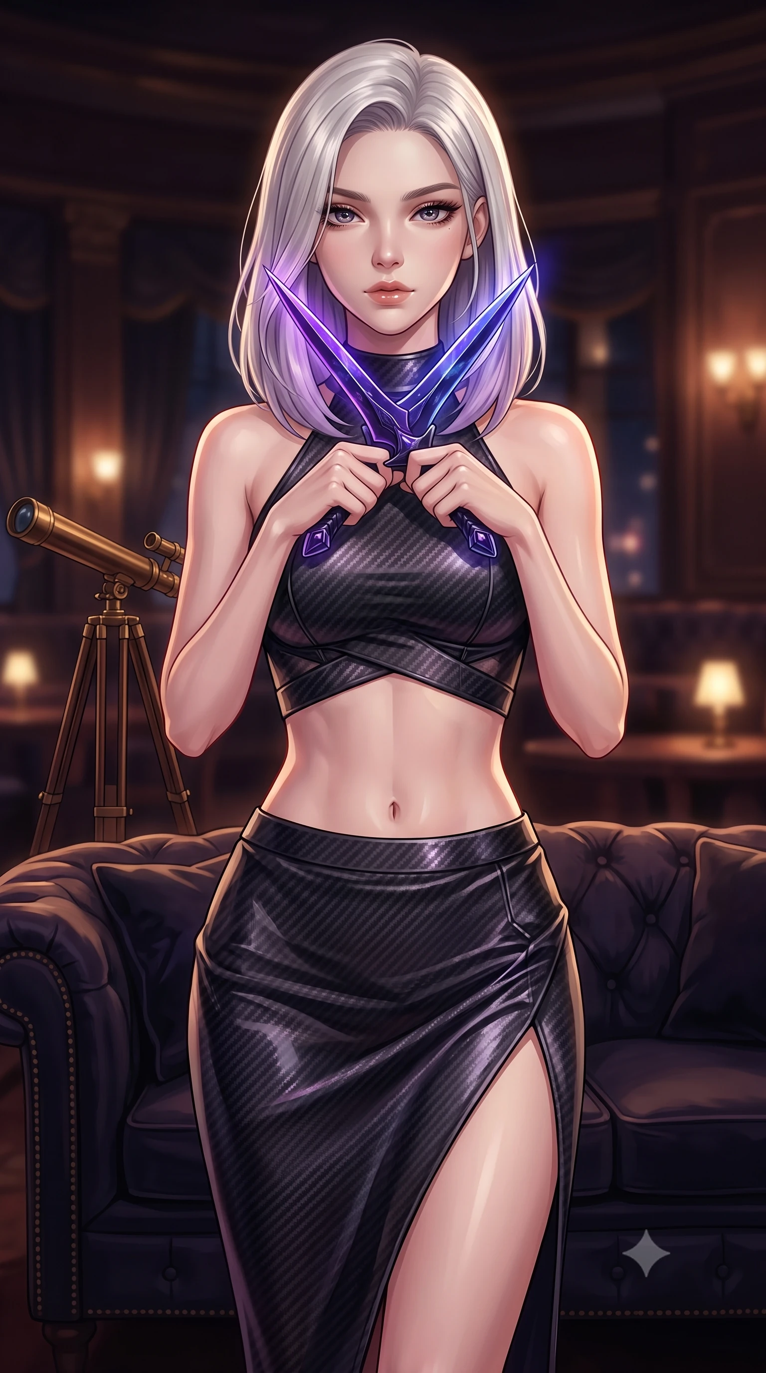 score_9, masterpiece, best quality, ultra-detailed, high-budget anime keyframe, editorial fashion photography, tasteful artistic composition, Caucasian woman. close-up cowboy shot from the waist and thighs up, the character dominates the composition, filling the frame with her large presence, background elements kept in soft focus. holding two energy daggers crossed in front of her elegant collarbone, casting a heavy-lidded, sultry look, the background shows a soft-focus a theater foyer lounge with dark velvet sofas and antique telescopes. She has an exceptionally elegant, slender, and willowy female figure with an ultra-slim waist, a gracefully sculpted slender torso, and a refined silhouette. sharp v-shaped jawline, high-bridge nose, intricate jewel-like eyes with depth, thick eyelashes, glossy lips with a natural sheen. wearing a tailored carbon-fiber halter-neck crop top paired with a matching high-slit midi skirt, revealing her slim waist. low-contrast warm ambient glow creating a mysterious, cozy mood inside. highly saturated vibrant anime colors, detailed shading with soft gradients, rich glossy textures, high-contrast stereoscopic depth, volumetric dynamic lighting, master piece, 9:16 ratio