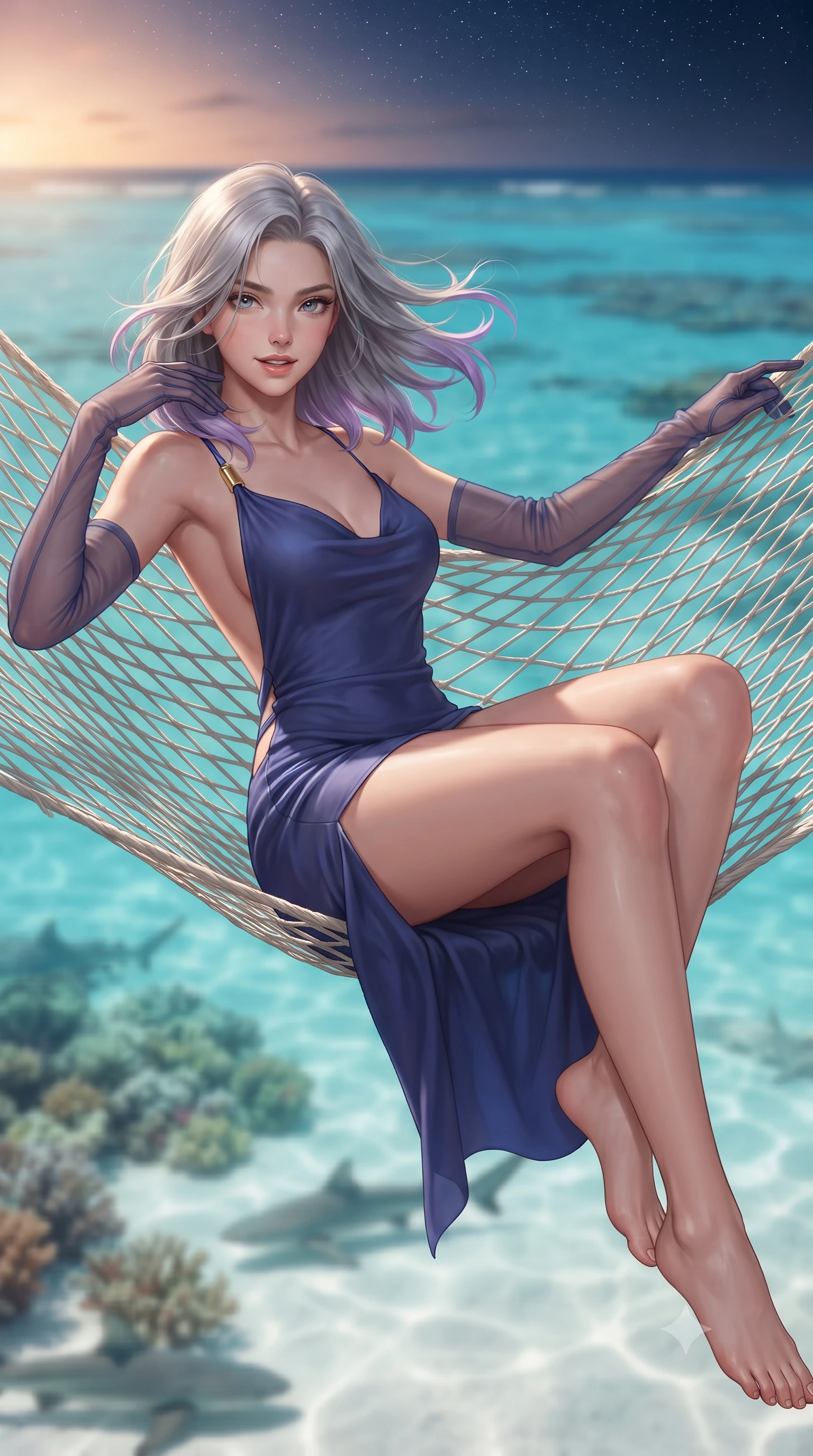 score_9, masterpiece, best quality, ultra-detailed, high-budget anime keyframe, editorial fashion photography, tasteful artistic composition, Caucasian woman. close-up cowboy shot from the waist and thighs up, the character dominates the composition, filling the frame with her large presence. turning slowly with an enchanting smoldering smile, her glossy hair tossing in the breeze as her hips angle gracefully in a captivating contrapposto while lounging in the suspended net hammock propped on one elbow with legs extended, her statuesque 8.5-heads silhouette commanding the tropical paradise. The background shows a soft-focus crystal-clear turquoise lagoon waters revealing white sandy bottom and baby reef sharks, distant atoll reef breaks, blurred into electric cyan, ivory, and sapphire bokeh. She has an exceptionally elegant, slender, and willowy female figure with an ultra-slim waist, flat toned midriff, narrow ribcage, and sculpted feminine hips creating an alluring, slim hourglass silhouette without bulk. sharp v-shaped jawline, high-bridge nose, intricate jewel-like sparkling eyes with depth, thick eyelashes, glossy parted lips with a natural peach sheen, bright cheerful beaming smile with an enchanting and coquettish sensual glint, exuding both youthful cute charm and seductive allure, flawlessly proportioned anatomical accuracy, strict slender model proportions, natural body alignment, perfectly sculpted long slender limbs, ultra-slim waistline, clean dynamic posture without body distortion. wearing a form-contouring gossamer silk chiffon slip dress with a hip-high slit and open cowl back clinging with dewy moisture in Vltava misty twilight cobalt and polished brass, crafted from bespoke double-faced cashmere with an exceptionally soft tactile finish, complemented by sheer opera-length evening gloves tracing her slender arms, the precision-cut side openings and low-back scoop framing her graceful spine and the sensual sweep of her slim, toned hips. bathed in the warm radiant 2800K tropical sunset glow transitioning into star-filled Indian Ocean night. ultra-reflective glossy finish, specular highlights, rich textural contrasts, high-contrast stereoscopic depth, volumetric dynamic lighting, 2k, ultra detail, master piece, 9:16 ratio