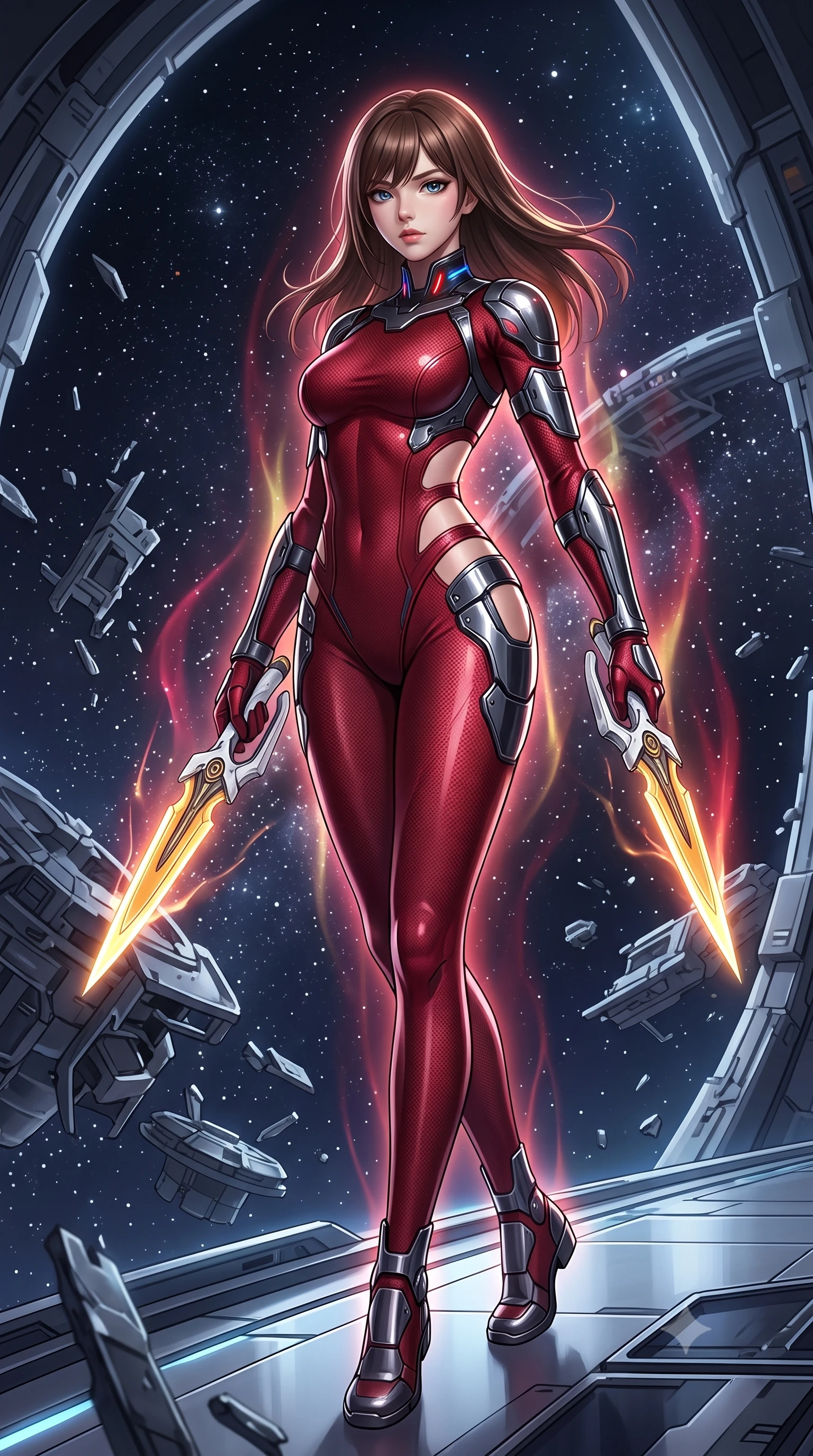 score_9, masterpiece, best quality, ultra-detailed, high-budget anime keyframe, semi-realistic 3D game render, editorial fashion photography, tasteful artistic composition, Korean woman. low angle full-body shot from head to toe showing her feet, filling the entire 9:16 vertical frame with her statuesque presence, stretching her vertical silhouette. pivoting dynamically in mid-motion with a breathtakingly alluring posture, displaying her flawless model proportions, toned flat midriff, and ultra-slim waist while pivoting dynamically on a magnetic catwalk as floating zero-gravity metal debris and starlight frame her statuesque silhouette. The surrounding environment is rendered in vivid detail and crisp panoramic clarity. dramatic space chiaroscuro and grand orbital engineering captured with environmental precision. She has an absolutely perfect, statuesque 8.5-heads proportion, an exceptionally tall and slender model-like female figure with impossibly long slender legs, a toned flat midriff, and an ultra-slim waist. sharp v-shaped jawline, high-bridge nose, intricate jewel-like eyes with depth, thick eyelashes, glossy lips with a natural sheen, flawlessly proportioned anatomical accuracy, strict slender model proportions, natural body alignment, perfectly sculpted long slender limbs, ultra-slim waistline, clean dynamic posture without body distortion. wearing a skin-tight crimson carbon-weave combat leotard with metallic dark chrome plating and hip-accentuating cutouts, holding twin glowing high-frequency vibro-blades with effortless supermodel poise in arctic white carbon composite with radiant solar gold plating, made of lightweight aerodynamic carbon-titanium alloy with polished edge bevels, featuring a sleek aerodynamic collar framed by subtle glowing cybernetic status LEDs, the glove-like aerodynamic second-skin fit tightly clinging to her ultra-slender waist and athletic curves without adding bulk, accentuating her razor-sharp statuesque lines and slim hourglass silhouette. surrounded by an awe-inspiring, calm, and radiantly deadly orbital sharpshooter goddess aura. rich saturated anime colors with glowing neon highlights, detailed shading with soft gradients, rich glossy textures, high-contrast stereoscopic depth, volumetric dynamic lighting, master piece, 9:16 ratio