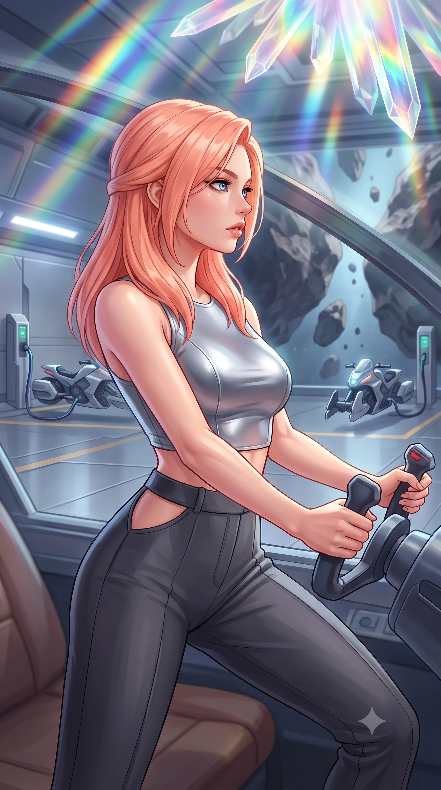 score_9, masterpiece, best quality, ultra-detailed, high-budget anime keyframe, editorial fashion photography, tasteful artistic composition, Japanese woman. close-up cowboy shot from the waist and thighs up, the character dominates the composition, filling the frame with her large presence, background elements kept in soft focus. Piloting a starfighter through a tight asteroid gap, hands tight on the flight yoke, looking sharply left. set against a soft-focus background of a clean metallic garage with sleek hover-bikes plugged into charging terminals, plasma cords humming. She has an exceptionally elegant and slender, willowy female figure with an ultra-slim waist, a gracefully sculpted slender torso, and a refined slim physique. sharp v-shaped jawline, high-bridge nose, intricate jewel-like eyes with depth, thick eyelashes, glossy lips with a natural sheen. wearing tailored for maximum mobility, sleek form-contouring panels that allow fluid movement, a body-hugging metallic silver crop top paired with high-waisted charcoal trousers featuring side waist cutouts. highly saturated vibrant anime colors, intense vivid color palette, soft 3D volumetric shading, volumetric dynamic lighting, cascading rainbow prismatic light refracting through crystal formations overhead. 2k, ultra detail, master piece, 9:16 ratio