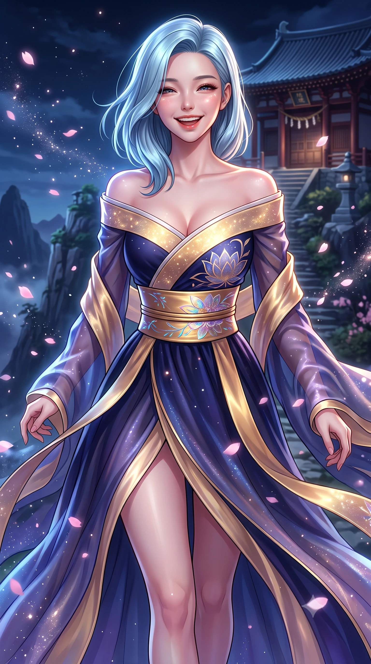 score_9, masterpiece, best quality, ultra-detailed, high-budget anime keyframe, semi-realistic 3D game render, editorial fashion photography, tasteful artistic composition, Korean woman. close-up cowboy shot from the waist and thighs up, the character dominates the composition, filling the frame with her large presence. laughing softly with genuine, enchanting warmth, eyes crinkling sweetly as specular highlights illuminate her cheeks while stepping along the mountain crest path as wind whips cherry blossom petals and stardust around her statuesque silhouette. The surrounding environment is rendered in vivid detail and crisp panoramic clarity. mystical nocturnal chiaroscuro and sacred high-altitude mountain shrine grandeur captured with sharpness. She has an exceptionally elegant, slender, and willowy female figure with an ultra-slim waist, a gracefully sculpted slender torso, toned flat midriff, and a refined slim silhouette. sharp v-shaped jawline, high-bridge nose, intricate jewel-like eyes with depth, thick eyelashes, glossy lips with a natural sheen, captivating and magnetic expression, flawlessly proportioned anatomical accuracy, strict slender model proportions, natural body alignment, perfectly sculpted long slender limbs, ultra-slim waistline, clean dynamic posture without body distortion. wearing a celestial lotus-inspired layered chiffon gown with an exposed clavicle bodice in midnight indigo and glowing starlight gold, crafted from traditional Korean gossamer silk organza with pearlescent luster, complemented by a wide metallic gold obi sash with holographic floral embroidery, the liquid-tight tailored fabric emphasizing every curve of her tall, slender model proportions and sculptured silhouette during dynamic movement. illuminated by crisp directional rim lighting accentuating her slender curves, bare spine, and flowing robes. highly saturated vibrant anime colors, detailed shading with soft gradients, rich glossy textures, high-contrast stereoscopic depth, volumetric dynamic lighting, master piece, 9:16 ratio