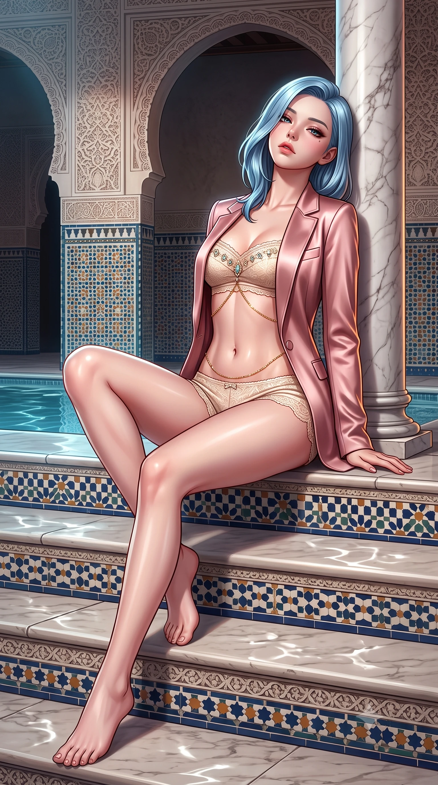 score_9, masterpiece, best quality, ultra-detailed, high-budget anime keyframe, semi-realistic 3D game render, editorial fashion photography, tasteful artistic composition, Korean woman. low angle full-body shot from head to toe showing her feet, filling the entire 9:16 vertical frame with her statuesque presence, stretching her vertical silhouette. sitting poised on the stone steps with one knee bent, arching her spine with supermodel elegance as she glances upward through thick eyelashes while leaning against the fluted marble column with hips cocked back, looking into the camera with an intoxicating, heavy-lidded bedroom-gaze. The surrounding environment is rendered in vivid detail and crisp panoramic clarity: sharp zellij geometric mosaic tile seams, carved stucco lace fretwork on arches, and white Carrara marble column veins in deep focus. She has an absolutely perfect, statuesque 8.5-heads proportion, an exceptionally tall and slender model-like female figure with impossibly long slender legs, an ultra-slim waist, a flat toned midriff, narrow delicate ribcage, and beautifully sculpted feminine hips creating a graceful, slim hourglass silhouette without any bulky heaviness. sharp v-shaped jawline, high-bridge nose, sparkling eyes with hypnotic seductive depth, thick curled eyelashes, glossy parted lips with a natural dewy peach sheen, alluring bedroom-eyes with an enchanting coquettish smile, exuding magnetic siren charisma and sophisticated glamour, flawlessly proportioned anatomical accuracy, strict slender model proportions, natural body alignment, perfectly sculpted long slender limbs, ultra-slim waistline, clean dynamic posture without body distortion. wearing a tailored open-front satin smoking jacket worn over a jewel-embellished bandeau and micro-shorts in dusky blush pink and warm ivory lace, crafted from fluid liquid silk satin that clings smoothly to every curve with a dewy sheen, accented with a dainty gold belly chain resting across her flat midriff and curving hips, the second-skin tailored fabric adhering flawlessly to her sculpted flat midriff and slender torso, emphasizing her long leg lines and perfectly proportioned willowy build. illuminated by water reflection bounce and sharp copper-gold rim lights sculpting her jawline, narrow waist, and voluptuous hip curves. highly saturated vibrant anime colors, detailed shading with soft gradients, rich glossy textures, high-contrast stereoscopic depth, volumetric dynamic lighting, master piece, 9:16 ratio