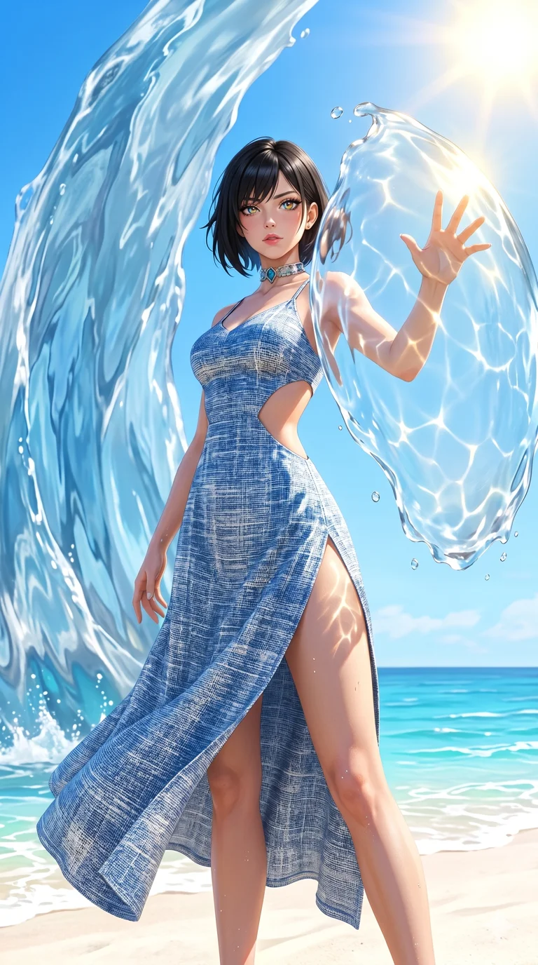 첨부의 캐릭터 얼굴만 유지해, score_9, masterpiece, best quality, ultra-detailed, Set B: Semi-realistic 3D Game Render, Caucasian woman (strictly human ears). Low angle cowboy shot filling the entire 9:16 frame with her statuesque presence. Summoning a shield of water that reflects the sun. She has an absolutely perfect 8-heads proportion, an exceptionally tall and slender female figure with elegant long slender legs and an slender waist. Sharp v-shaped jawline, high-bridge nose, intricate jewel-like eyes with depth, thick eyelashes, glossy lips. Wearing a Seasonal/Resort outfit: linen sundress with side cut-outs and a high side slit. Background is a bright and colorful beach scene with a giant water wall and vibrant blue sky. 2k, ultra detail, master piece, 9:16 ratio