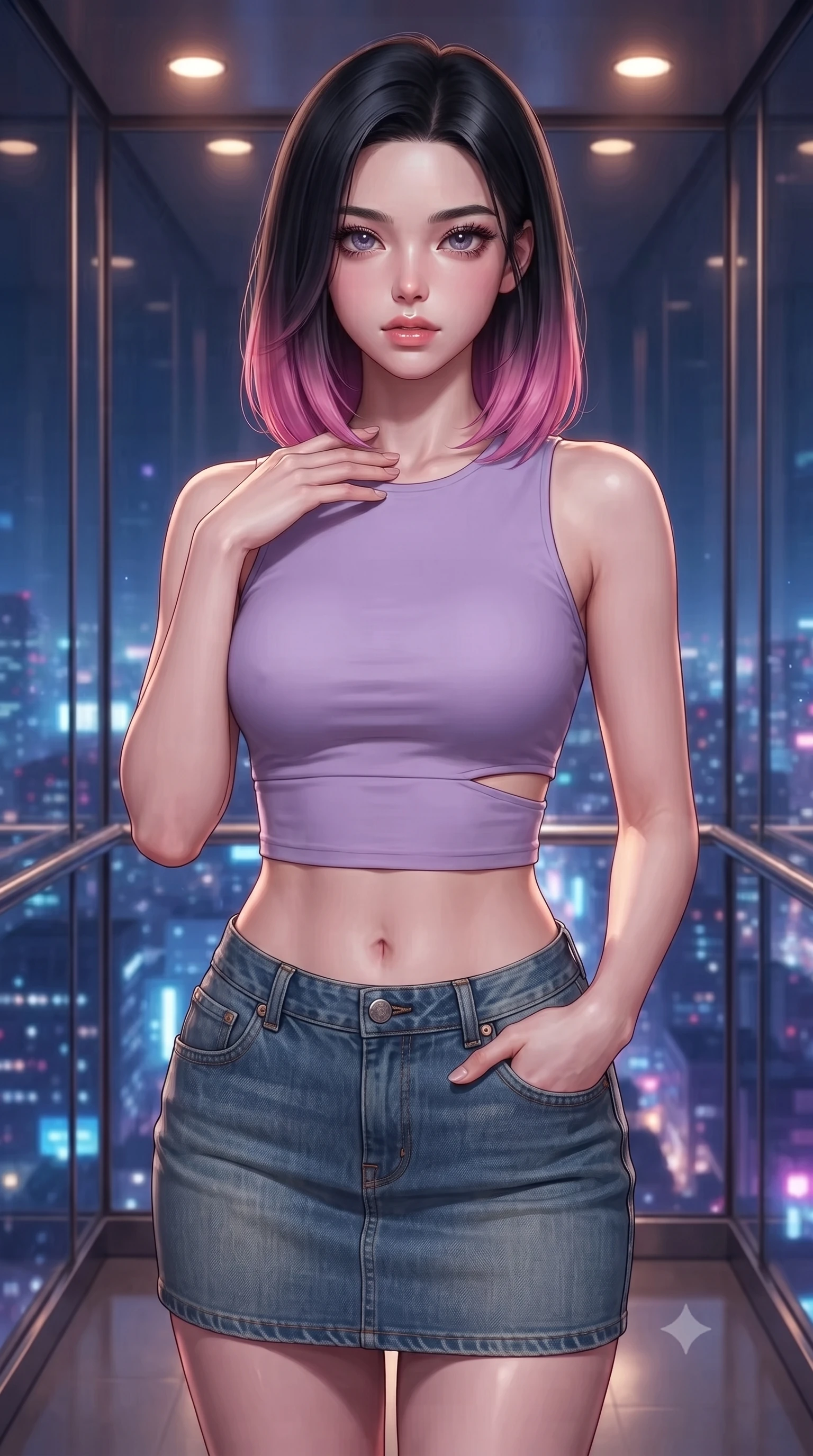 score_9, masterpiece, best quality, ultra-detailed, high-budget anime keyframe, editorial fashion photography, tasteful artistic composition, Korean woman. close-up cowboy shot from the waist and thighs up, the character dominates the composition, filling the frame with her large presence, background elements kept in soft focus. standing with one hand resting on her collarbone, looking at the viewer with bedroom-eyes the background shows a soft-focus a high-rise vehicle elevator with glass walls showing the city lights below. She has an exceptionally elegant, slender, and willowy female figure with an ultra-slim waist, a gracefully sculpted slender torso, and a refined silhouette. sharp v-shaped jawline, high-bridge nose, intricate jewel-like eyes with depth, thick eyelashes, glossy lips with a natural sheen. wearing a body-hugging modern crop top in lavender cotton paired with a low-rise denim skirt and a subtle waist cut-out. glittering blue and violet city skyline lights contrasting with warm elevator lights. ultra-reflective glossy finish, specular highlights, metallic sheen, high-contrast stereoscopic depth, volumetric dynamic lighting, 2k, ultra detail, master piece, 9:16 ratio