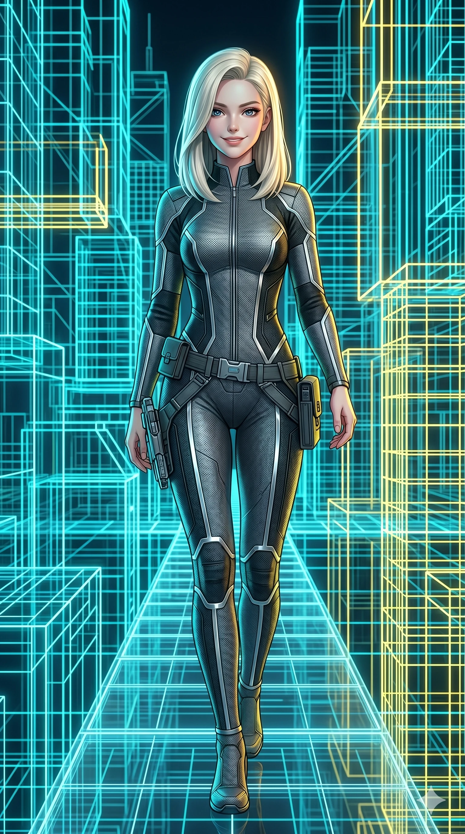 score_9, masterpiece, best quality, ultra-detailed, high-budget anime keyframe, editorial fashion photography, tasteful artistic composition, Caucasian woman, strictly human ears. Upper body close-up from the thighs up, character filling the screen for maximum presence. Inside a virtual reality city of neon wireframes, walking between the glowing structures with a confident, proud smile. She is wearing a tailored tech-jumpsuit with reflective silver piping and a utility belt. The scene is illuminated by the bright cyan and yellow lines of the wireframes. 2k, ultra detail, master piece, 9:16 ratio