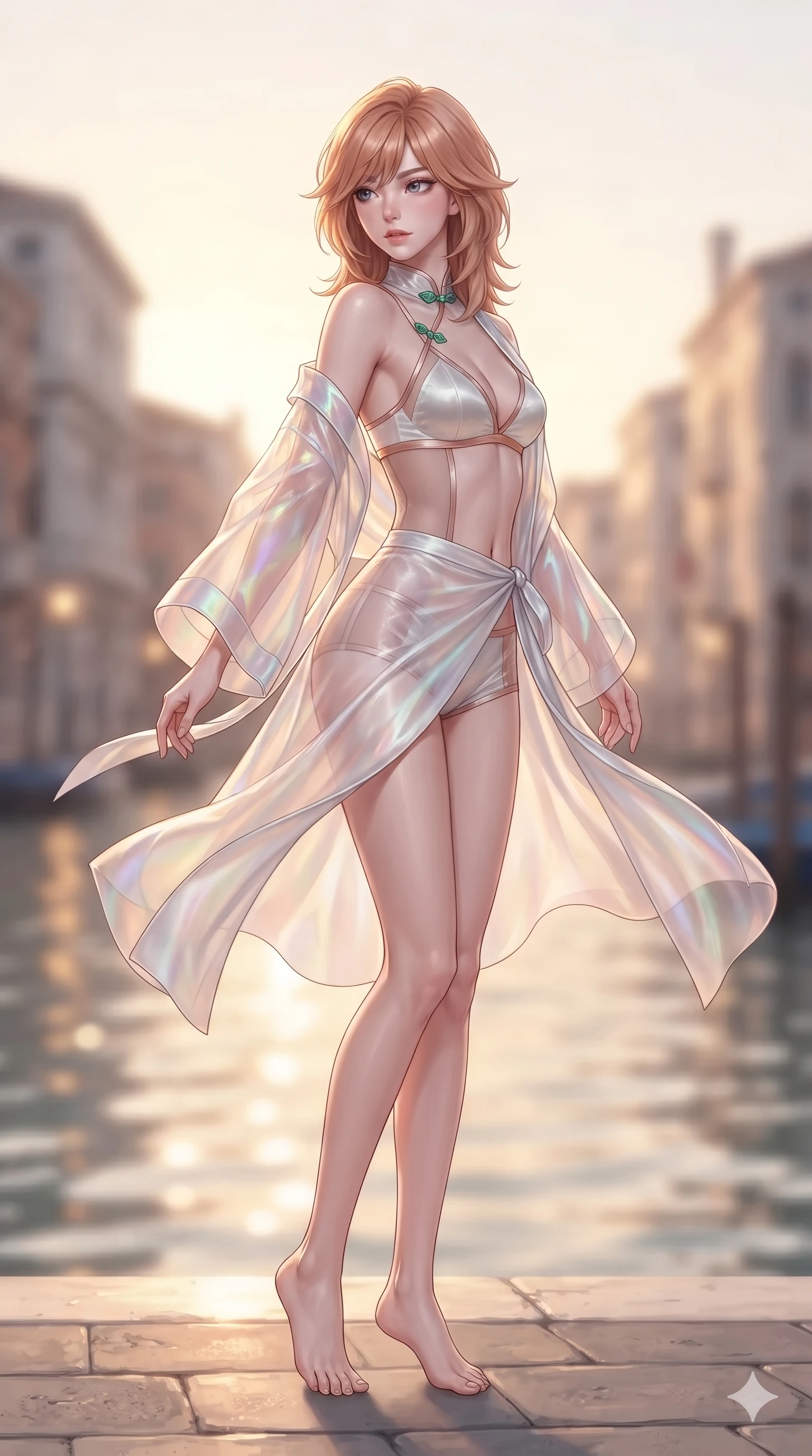 score_9, masterpiece, best quality, ultra-detailed, high-budget anime keyframe, editorial fashion photography, tasteful artistic composition, Korean woman. low angle full-body shot from head to toe showing her feet, filling the entire 9:16 vertical frame with her statuesque presence, stretching her vertical silhouette. executing a slow, graceful pivot turn as her silk wrap skirt sways around her slender legs, glancing back with an enchanting, teasing sensual expression while twisting her slender torso in an alluring S-curve, golden dawn light and deep canal shadows painting sharp highlights across her narrow waist and curvy hips. The background shows a soft-focus morning lagoon atmospheric shimmer softened in grand canal quay shallow focus. She has an exceptionally tall and slender model-like 8.5-heads proportion, an ultra-slim waist, a flat toned midriff, narrow delicate ribcage, and beautifully sculpted feminine hips creating a graceful, slim hourglass silhouette without any bulky heaviness, with impossibly long slender legs. sharp v-shaped jawline, high-bridge nose, intricate jewel-like sparkling eyes with depth, thick eyelashes, glossy parted lips with a natural sheen, intensely captivating and seductive bedroom-eyes expression, exuding both youthful cute charm and sovereign luxury allure, flawlessly proportioned anatomical accuracy, strict slender model proportions, natural body alignment, perfectly sculpted long slender limbs, ultra-slim waistline, clean dynamic posture without body distortion. wearing a translucent iridescent organza kimono robe slipping off bare shoulders over a matching satin micro-bralette and micro-shorts in celestial porcelain white and rose-gold, featuring strategic sheer-illusion tulle side panels framing her ribcage and hips, finished with sleek jade frog closures glinting along her high collar, the form-contouring cut accentuating her sculpted flat midriff, narrow delicate ribcage, and gracefully curvy hips with intoxicating allure. illuminated by water surface bounce and sharp champagne-gold rim lights defining her razor-sharp jawline, narrow waist, and curvy hips. ultra-reflective glossy finish, specular highlights, rich textural contrasts, high-contrast stereoscopic depth, volumetric dynamic lighting, 2k, ultra detail, master piece, 9:16 ratio