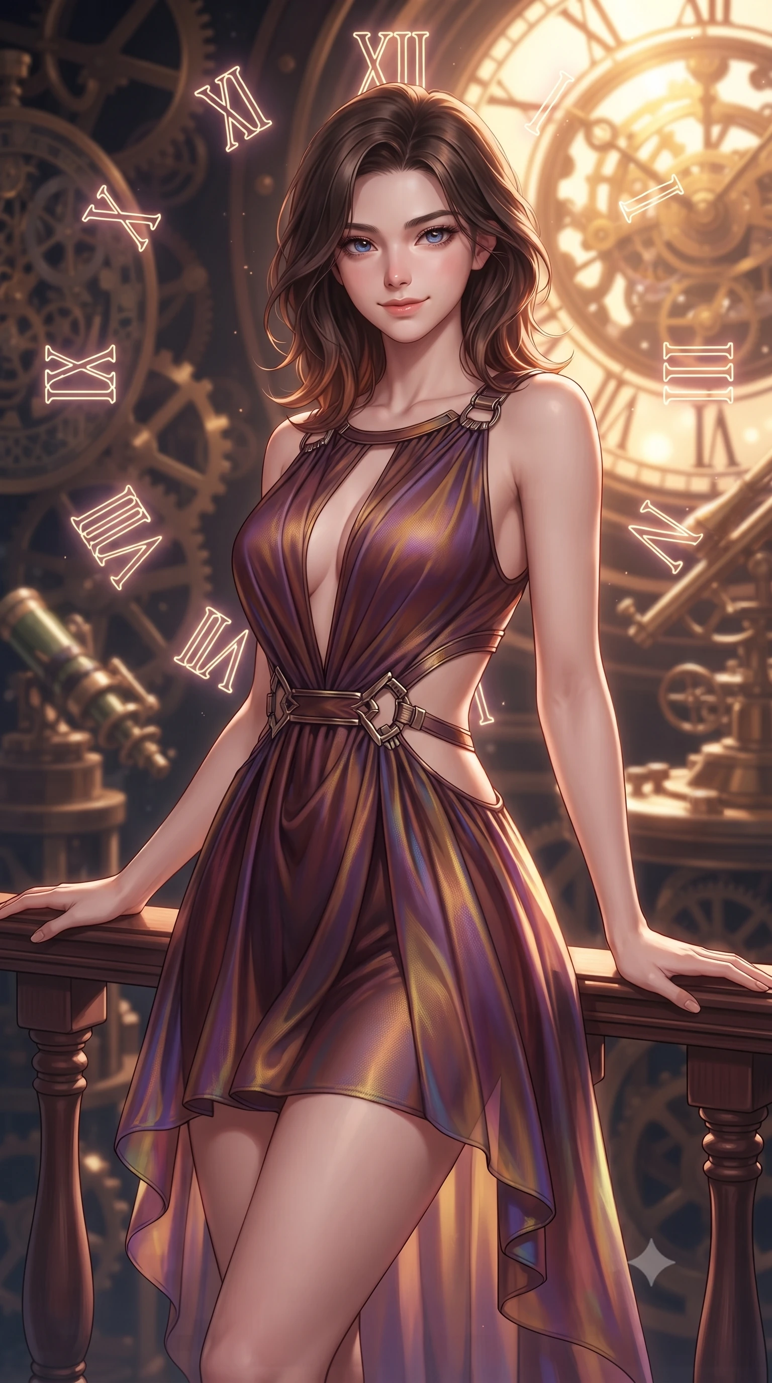 score_9, masterpiece, best quality, ultra-detailed, high-budget anime keyframe, editorial fashion photography, tasteful artistic composition, Korean woman. close-up cowboy shot from the waist and thighs up, the character dominates the composition, filling the frame with her large presence, background elements kept in soft focus. Smiling with quiet, magnetic self-assurance directly into the lens leaning against a vintage mahogany balustrade inside a mechanical observatory, glowing neon clock numbers floating in the air with vintage elegancy. She has an exceptionally elegant, slender, and willowy female figure with an ultra-slim waist, a gracefully sculpted slender torso, and a refined silhouette. sharp v-shaped jawline, high-bridge nose, intricate jewel-like eyes with depth, thick eyelashes, glossy lips with a natural sheen. wearing a dramatic open-waist cutout mini dress framed by sculptural hardware in deep burgundy and bronze, crafted from iridescent chiffon that shifts colors in the light, accented with a Tasteful chest slit framing her clavicle gracefully, the elegant draped fit framing her graceful clavicle and slender torso. illuminated by a brilliant golden hour glow filtering through clockwork dials. highly saturated vibrant anime colors, detailed shading with soft gradients, rich glossy textures, high-contrast stereoscopic depth, volumetric dynamic lighting, master piece, 9:16 ratio