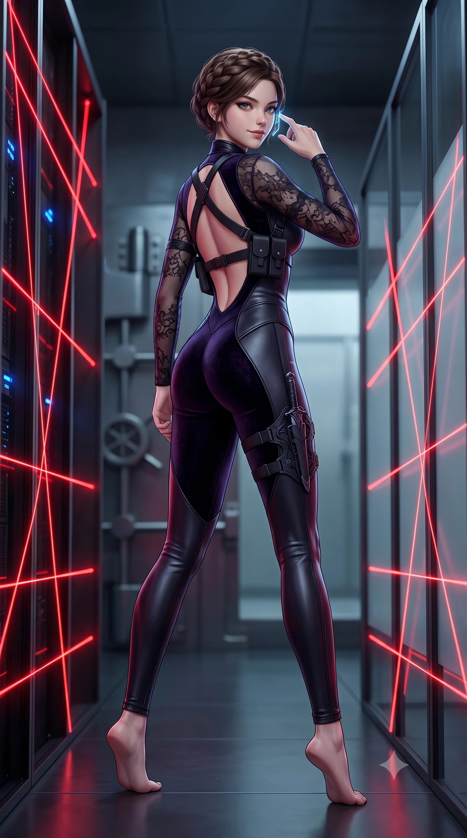 score_9, masterpiece, best quality, ultra-detailed, high-budget anime keyframe, semi-realistic 3D game render, editorial fashion photography, tasteful artistic composition, Korean woman. low angle full-body shot from head to toe showing her feet, filling the entire 9:16 vertical frame with her statuesque presence, stretching her vertical silhouette. landing lightly on the balls of her feet in a balanced kinetic stance, eyes locked onto the camera with fearless allure while standing poised between narrow laser beam corridors, tapping her holographic earpiece with a cool, triumphant smirk. The composition keeps background elements in soft focus with creamy bokeh. heavy vault door locking bolts and frosted glass partition walls softened in moody shallow depth of field. She has an absolutely perfect, statuesque 8.5-heads proportion, an exceptionally tall and slender model-like female figure with impossibly long slender legs, a toned flat midriff, and an ultra-slim waist. sharp v-shaped jawline, high-bridge nose, intricate jewel-like eyes with depth, thick eyelashes, glossy lips with a natural sheen, captivating and magnetic expression, flawlessly proportioned anatomical accuracy, strict slender model proportions, natural body alignment, perfectly sculpted long slender limbs, ultra-slim waistline, clean dynamic posture without body distortion. wearing an elite assassin velvet-and-leather hybrid bodysuit with sheer lace sleeves and dagger sheath garter in shadow black with subtle deep violet undertones, made of seamless compression knit with anatomical body-contouring support, accented with criss-cross back tactical harness straps framing her bare spine, the glove-like aerodynamic second-skin fit tightly clinging to her ultra-slender waist and athletic curves without adding bulk, accentuating her razor-sharp statuesque lines and slim hourglass silhouette. bathed in dramatic intersecting red laser beam illumination and cool blue server indicator glow. highly saturated vibrant anime colors, detailed shading with soft gradients, rich glossy textures, high-contrast stereoscopic depth, volumetric dynamic lighting, master piece, 9:16 ratio