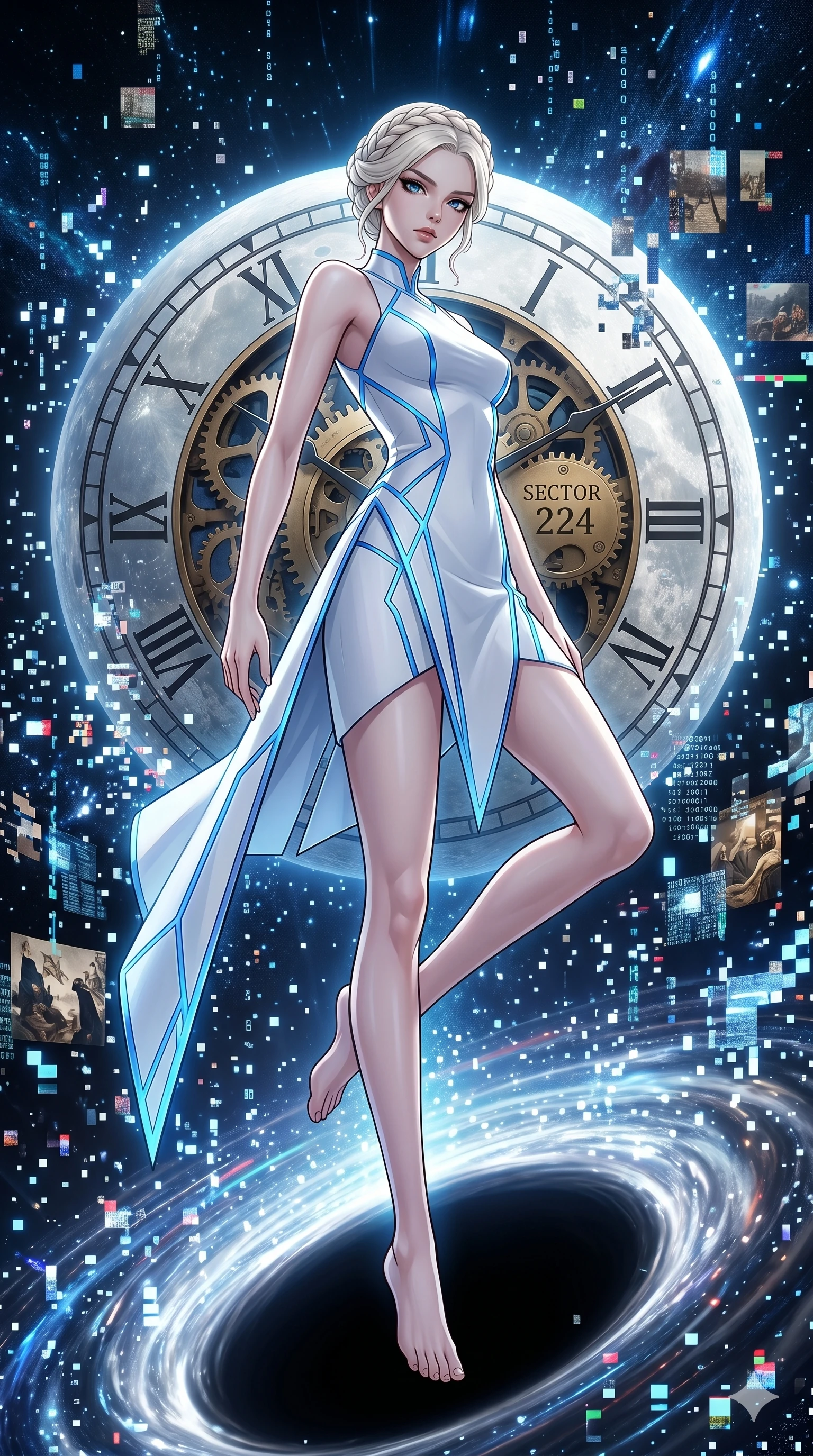 score_9, masterpiece, best quality, ultra-detailed, Set A: High-budget Anime Keyframe, Japanese woman. Low angle cowboy shot filling the entire 9:16 frame with her statuesque presence. Theme: Historical Remix. shattering the fabric of reality in the edge of a black hole, with a massive clockwork moon ticking behind her as sector 224. The atmosphere is filled with a blizzard of digital pixels. She has an absolutely perfect 8-heads proportion, an exceptionally tall and slender female figure with impossibly long slender legs and an ultra-slim waist. Sharp v-shaped jawline, high-bridge nose, intricate jewel-like eyes with depth, glossy lips. Wearing Minimalist architectural white dress with sharp angles and glowing blue trim. Cinematic lighting, vivid colors, dramatic shadows, 2k, ultra detail, master piece, 9:16 ratio