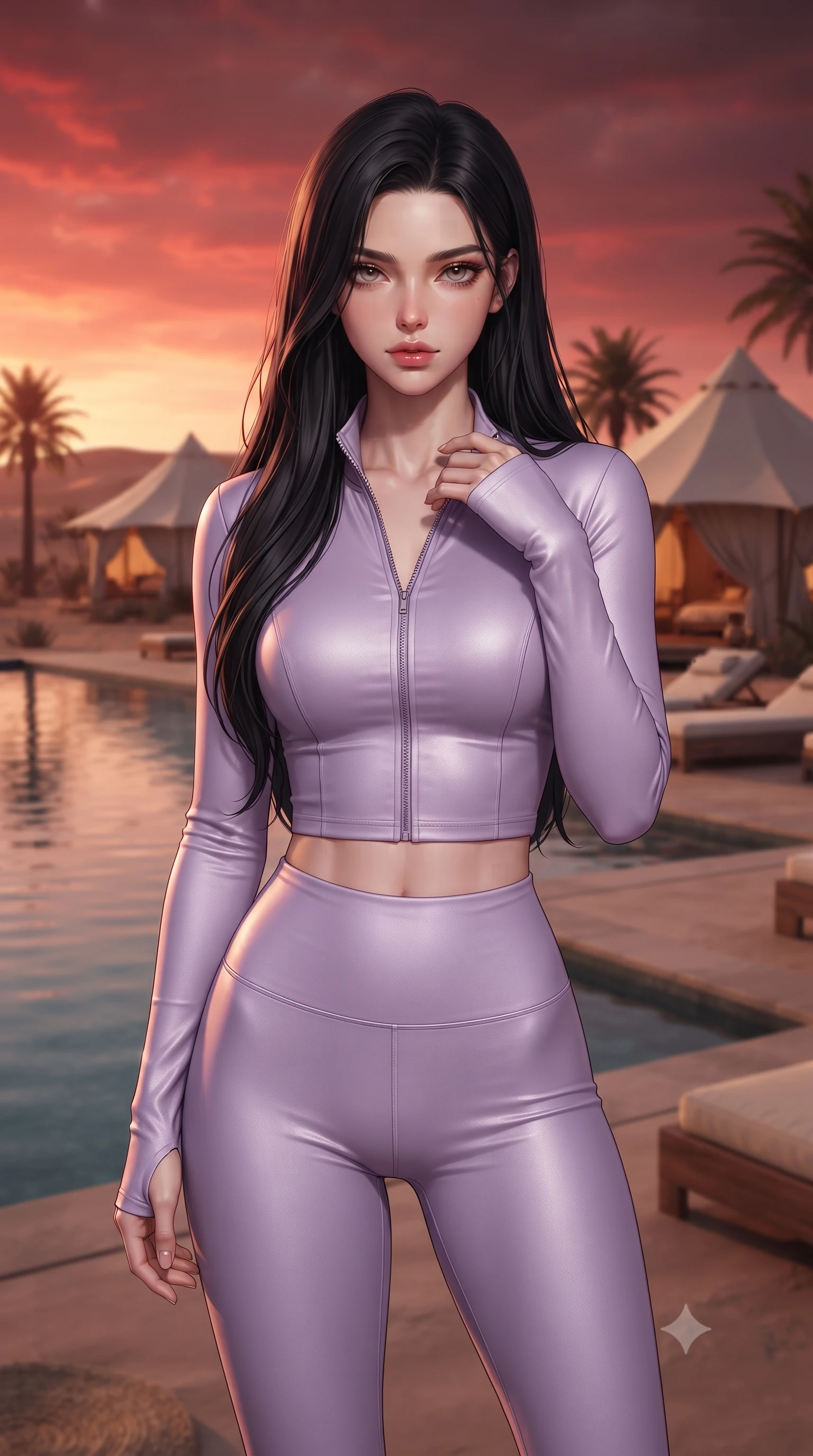 score_9, masterpiece, best quality, ultra-detailed, high-budget anime keyframe, editorial fashion photography, tasteful artistic composition, Korean woman. close-up cowboy shot from the waist and thighs up, the character dominates the composition, filling the frame with her large presence, background elements kept in soft focus. standing with one hand resting on her collarbone, looking at the viewer with bedroom-eyes the background shows a soft-focus a luxury desert resort pool deck with palm trees and canvas tents at dusk. She has an exceptionally elegant, slender, and willowy female figure with an ultra-slim waist, a gracefully sculpted slender torso, and a refined silhouette. sharp v-shaped jawline, high-bridge nose, intricate jewel-like eyes with depth, thick eyelashes, glossy lips with a natural sheen. wearing a slim-fit body-hugging activewear set of a tailored zip-up long-sleeve crop top and matching high-waisted leggings in soft lavender. the warm red and orange sunset sky casting a dramatic glow over the sands. ultra-reflective glossy finish, specular highlights, metallic sheen, high-contrast stereoscopic depth, volumetric dynamic lighting, 2k, ultra detail, master piece, 9:16 ratio