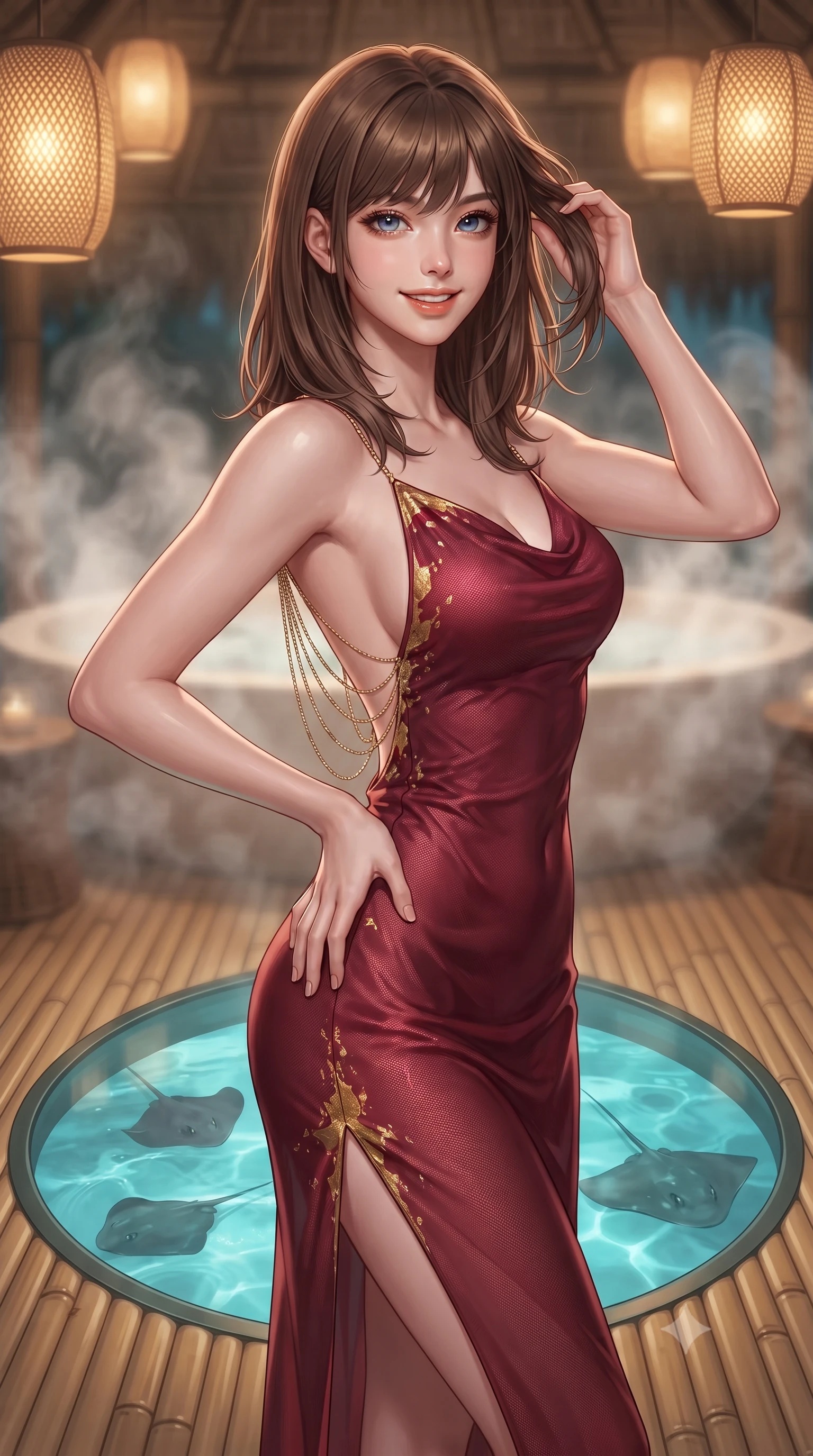 score_9, masterpiece, best quality, ultra-detailed, high-budget anime keyframe, editorial fashion photography, tasteful artistic composition, Korean woman. close-up cowboy shot from the waist and thighs up, the character dominates the composition, filling the frame with her large presence. twisting her slender torso in an alluring contrapposto stance, one hand resting on her sculpted hip while her fingers toy with her hair with effortless poise while standing poised on the polished bamboo deck beside the circular tempered glass floor opening revealing swimming stingrays below, arching her spine with wet-look siren grace. The background shows a soft-focus swirling floral bath steam softened in ultra-luxury holistic island spa shallow focus. She has an exceptionally elegant, slender, and willowy female figure with an ultra-slim waist, flat toned midriff, narrow ribcage, and sculpted feminine hips creating an alluring, slim hourglass silhouette without bulk. sharp v-shaped jawline, high-bridge nose, intricate jewel-like sparkling eyes with depth, thick eyelashes, glossy parted lips with a natural peach sheen, bright cheerful beaming smile with an enchanting and coquettish sensual glint, exuding both youthful cute charm and seductive allure, flawlessly proportioned anatomical accuracy, strict slender model proportions, natural body alignment, perfectly sculpted long slender limbs, ultra-slim waistline, clean dynamic posture without body distortion. wearing a form-contouring gossamer silk chiffon slip dress with a hip-high slit and open cowl back clinging with dewy moisture in Bohemian Prague garnet ruby and antique 24k gold leaf, woven from fine semi-opaque stretch illusion mesh tracing her slender contours, accented with an open-back drape framed by falling strands of delicate gold chains, the bespoke structured tailoring following the natural line of her 8.5-heads silhouette with refined elegance. bathed in the warm 2500K glow of woven bamboo lantern fixtures combined with clear cyan water uplights. ultra-reflective glossy finish, specular highlights, rich textural contrasts, high-contrast stereoscopic depth, volumetric dynamic lighting, 2k, ultra detail, master piece, 9:16 ratio