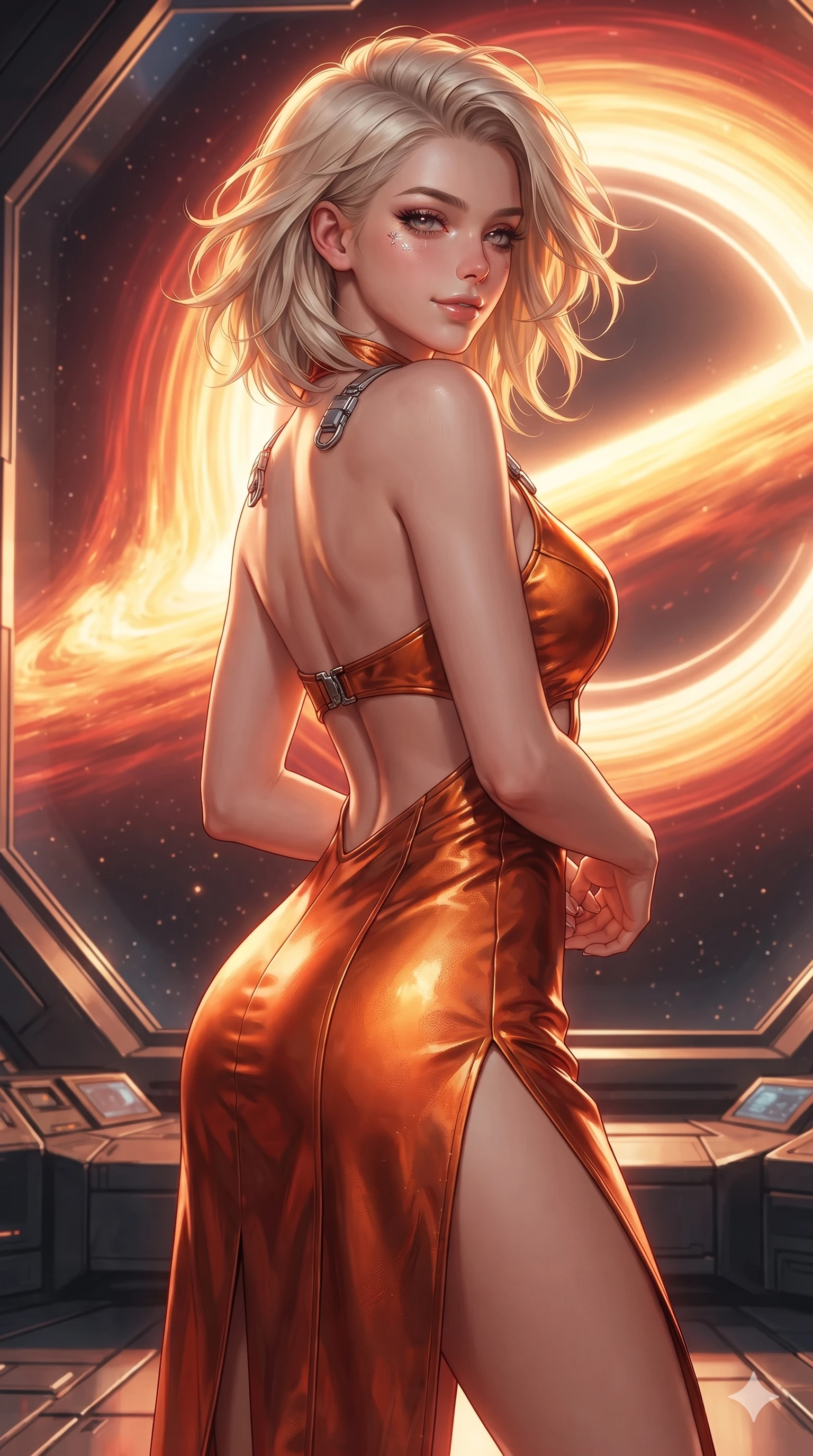 score_9, masterpiece, best quality, ultra-detailed, high-budget anime keyframe, editorial fashion photography, tasteful artistic composition, Caucasian woman. close-up cowboy shot from the waist and thighs up, the character dominates the composition, filling the frame with her large presence. posing in an alluring rear three-quarter angle, looking over a bare shoulder with heavy-lidded sparkling eyes, her hips cocked back to highlight her slim hourglass curve while twisting her slender torso in an alluring contrapposto stance, blazing golden accretion light and deep space void reflections tracing her silhouette with cosmic intensity. The surrounding environment is rendered in vivid detail and crisp panoramic clarity: detailed combat suit weave, blinding accretion light reflections on armor, and deep-space observatory architecture in high clarity. She has an exceptionally elegant, slender, and willowy female figure with an ultra-slim waist, flat toned midriff, narrow ribcage, and sculpted feminine hips creating an alluring, slim hourglass silhouette without bulk. sharp v-shaped jawline, high-bridge nose, intricate jewel-like sparkling eyes with depth, thick eyelashes, glossy parted lips with a natural sheen, bright confident smile with an enchanting and coquettish sensual glint, exuding both youthful magnetic charm and sovereign high-tech allure, flawlessly proportioned anatomical accuracy, strict slender model proportions, natural body alignment, perfectly sculpted long slender limbs, ultra-slim waistline, clean dynamic posture without body distortion. wearing a provocative open-waist cutout tactical mini dress framed by sculptural chrome hardware and thigh-high slit in fiery geothermal copper and molten amber glow, woven from buttery-soft stretch lambskin leather adhering to her body like a second skin, finished with high-tension magnetic quick-release clasps glinting along her collarbones, the impeccably tailored cut draping gracefully along her slender figure with aristocratic poise. bathed in intense, blazing golden and crimson relativistic light streaming from the accretion disk through massive transparent viewports. ultra-reflective glossy finish, specular highlights, rich textural contrasts, high-contrast stereoscopic depth, volumetric dynamic lighting, 2k, ultra detail, master piece, 9:16 ratio