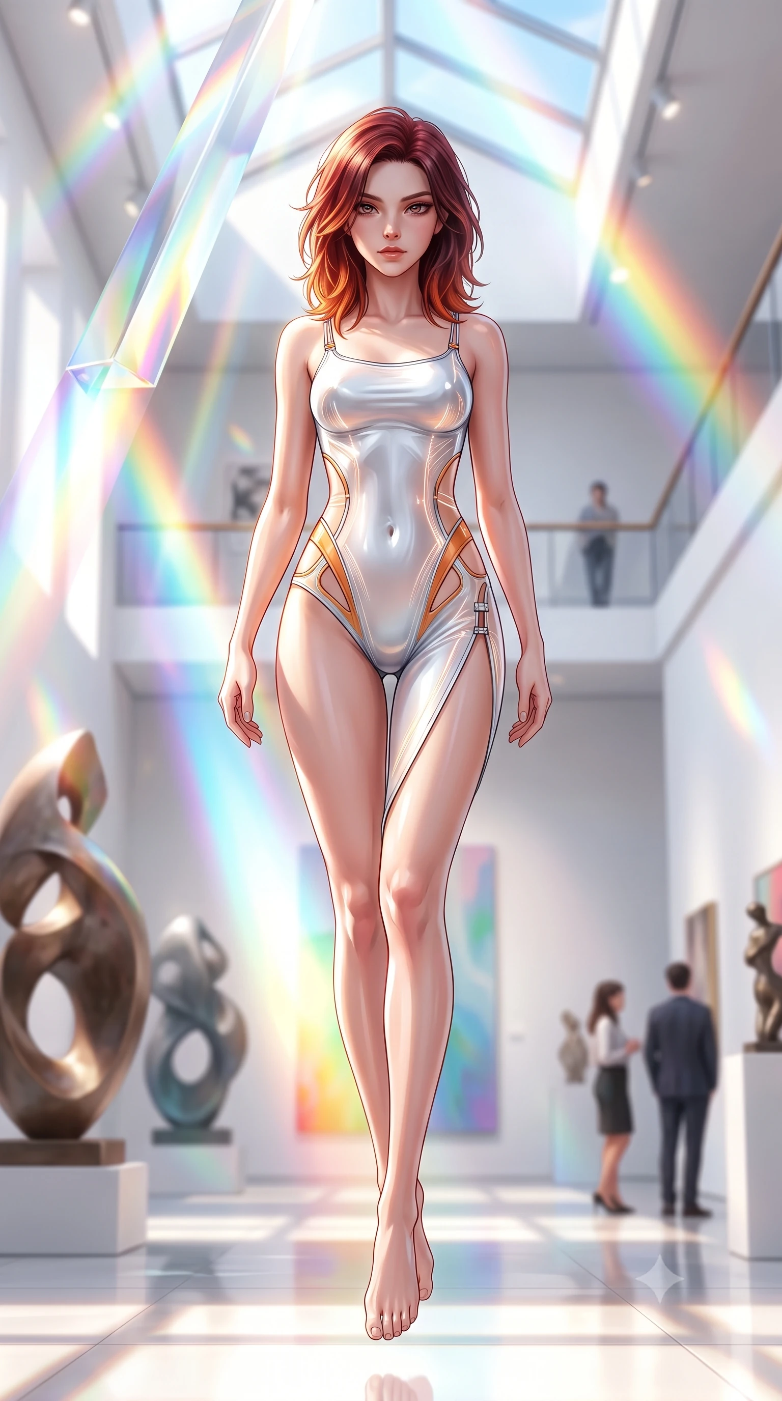 score_9, masterpiece, best quality, ultra-detailed, high-budget anime keyframe, semi-realistic 3D game render, editorial fashion photography, tasteful artistic composition, Korean woman. low angle full-body shot from head to toe showing her feet, filling the entire 9:16 vertical frame with her statuesque presence, stretching her vertical silhouette. performing an alluring mid-air vault with flawless poise, looking directly into the camera with smoldering intensity while striding commanding through a sun-drenched art hall where giant crystal prisms project vivid rainbow beams. The composition keeps background elements in soft focus with creamy bokeh. pristine white gallery walls and polished floor reflections softened by shallow cinematic focus. She has an absolutely perfect, statuesque 8.5-heads proportion, an exceptionally tall and slender model-like female figure with impossibly long slender legs, a toned flat midriff, and an ultra-slim waist. sharp v-shaped jawline, high-bridge nose, intricate jewel-like eyes with depth, thick eyelashes, glossy lips with a natural sheen, flawlessly proportioned anatomical accuracy, strict slender model proportions, natural body alignment, perfectly sculpted long slender limbs, ultra-slim waistline, clean dynamic posture without body distortion. wearing a second-skin white liquid-mercury micro-bodysuit sculpted tightly to her slender build, featuring razor-thin metallic straps and hip cutouts in vivid sunset amber orange and cloud white, tailored from semi-translucent cybernetic vinyl with glowing micro-filaments, finished with an ultra-high side slit secured by miniature magnetic clasps, the sleek second-skin cut tightly hugging her graceful clavicle, narrow waist, and feminine curves with athletic precision. surrounded by a hyper-creative, radiant, and fiercely chic modern fashion editorial aura. highly saturated vibrant anime colors, detailed shading with soft gradients, rich glossy textures, high-contrast stereoscopic depth, volumetric dynamic lighting, master piece, 9:16 ratio