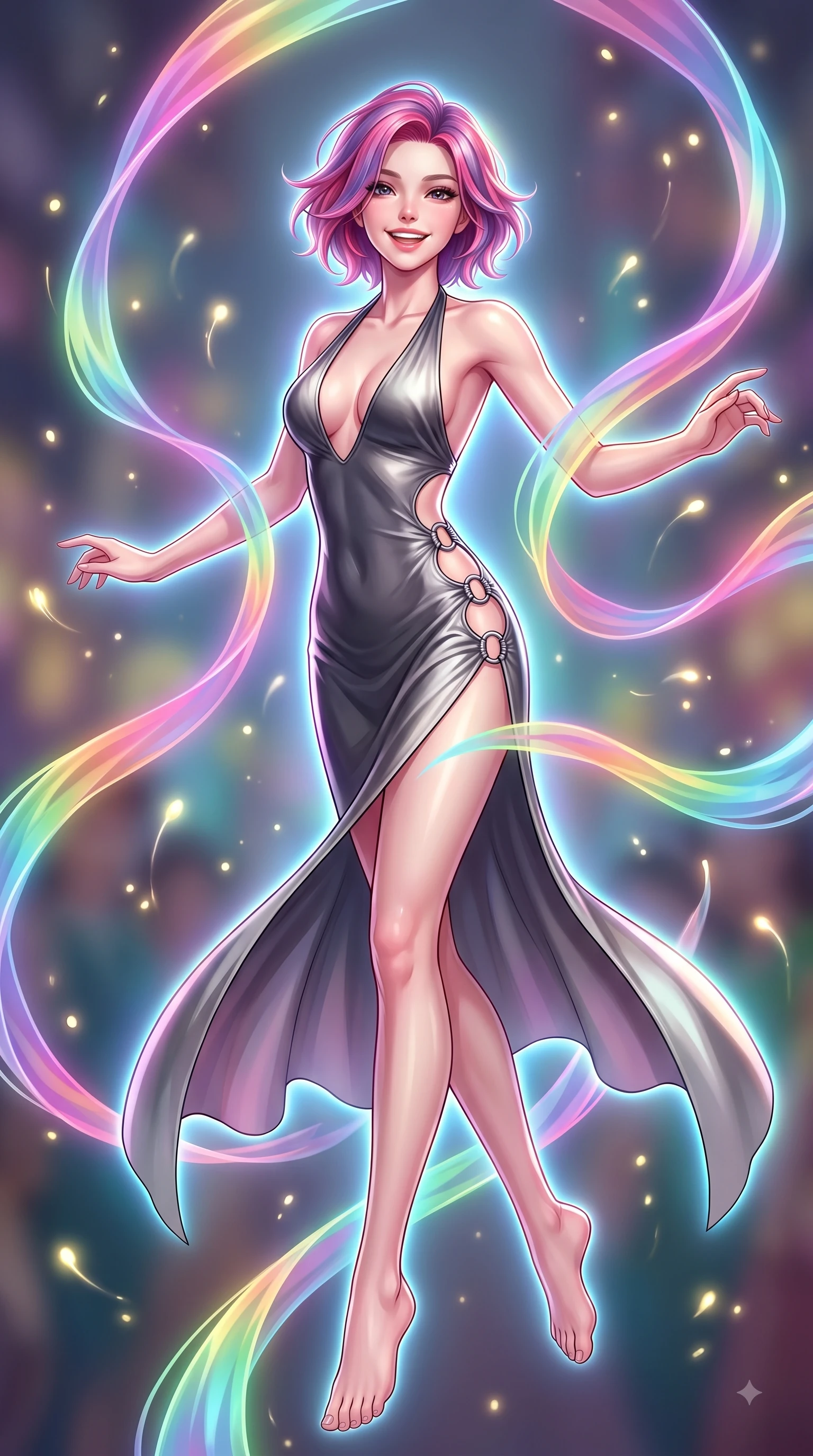 score_9, masterpiece, best quality, ultra-detailed, high-budget anime keyframe, editorial fashion photography, tasteful artistic composition, Caucasian woman. low angle full-body shot from head to toe showing her feet, filling the entire 9:16 vertical frame with her statuesque presence, stretching her vertical silhouette. leaping with pure joy through mid-air with a radiant bright smile, her impossibly long slender legs stretched in perfect balance while spinning in mid-air as translucent rainbow silk ribbons swirl around her with joyful grace, glowing fiber optic motes drifting like fireflies in the cheerful background. She has an absolutely perfect, statuesque 8.5-heads proportion, an exceptionally tall and slender model-like female figure with impossibly long slender legs and an ultra-slim waist. sharp v-shaped jawline, high-bridge nose, intricate jewel-like eyes with depth, thick eyelashes, glossy lips with a natural sheen, flawlessly proportioned anatomical accuracy, natural body alignment, perfectly sculpted elegant limbs, clean dynamic posture without body distortion. wearing a deep-scoop halter bodycon dress with hip cutouts connected by silver rings in charcoal grey and platinum, crafted from smooth liquid silk, finished with a sleek side slit ascending to mid-thigh, the form-contouring material highlighting her ultra-slim waist and long lines. surrounded by a vibrant fluorescent aura with bright specular rim lights. highly saturated vibrant anime colors, detailed shading with soft gradients, rich glossy textures, high-contrast stereoscopic depth, volumetric dynamic lighting, master piece, 9:16 ratio