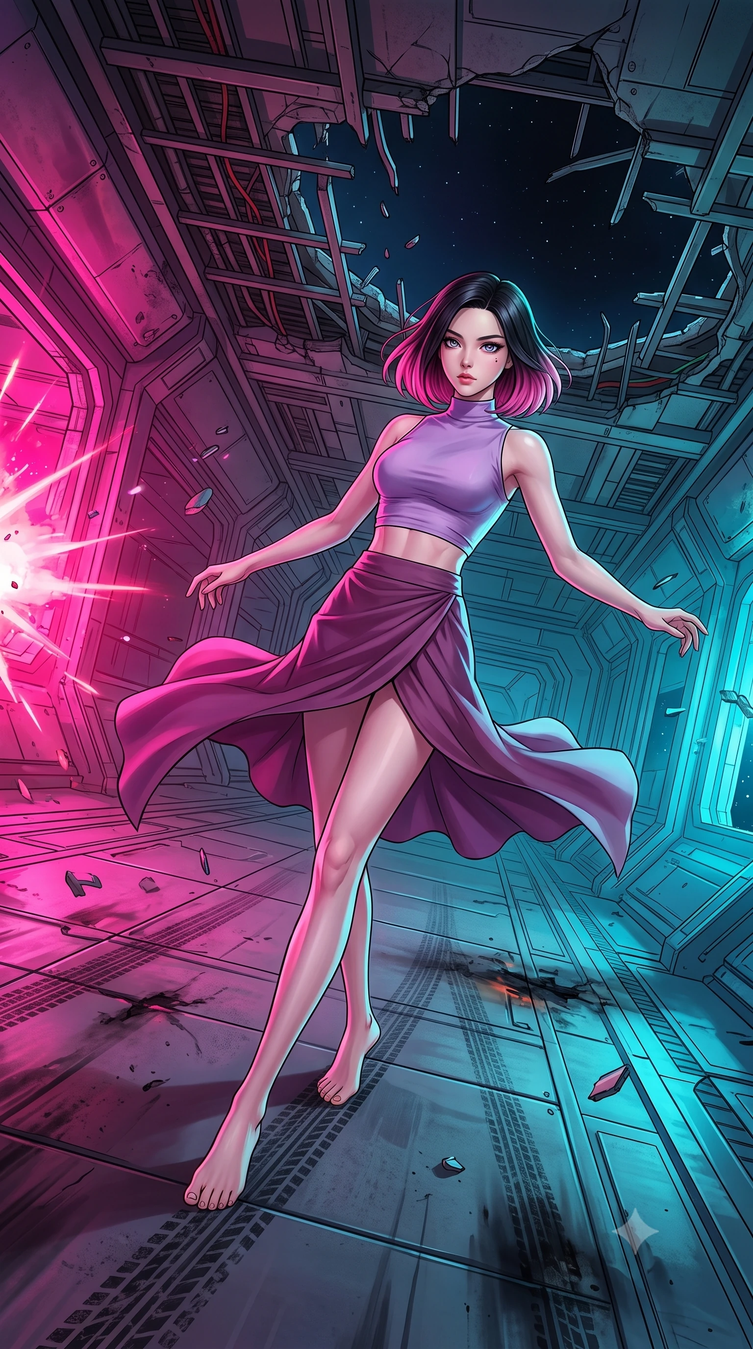 score_9, masterpiece, best quality, ultra-detailed, high-budget anime keyframe, editorial fashion photography, tasteful artistic composition, Korean woman. low angle full-body shot from head to toe showing her feet, filling the entire 9:16 vertical frame with her statuesque presence, stretching her vertical silhouette. skidding across a metal flight deck as the starship tilts violently during battle inside a corridor of a flagship where the ceiling has collapsed, exposing the metal ribs and wiring to the void of space. She has a statuesque 8.5-heads proportion, an exceptionally tall, slender and willowy model-like build with impossibly long legs and a highly sculpted ultra-slim waist. sharp v-shaped jawline, high-bridge nose, intricate jewel-like eyes with depth, thick eyelashes, glossy lips with a natural sheen. wearing the lightweight fabric rippling and billowing dramatically with her movement, a body-hugging high-neck crop top in lavender, paired with a matching high-waisted wrap skirt in plum with a front slit. highly saturated vibrant anime colors, intense vivid color palette, soft 3D volumetric shading, volumetric dynamic lighting, dual-tone lighting with hot magenta from the left and cool cyan from the right. 2k, ultra detail, master piece, 9:16 ratio