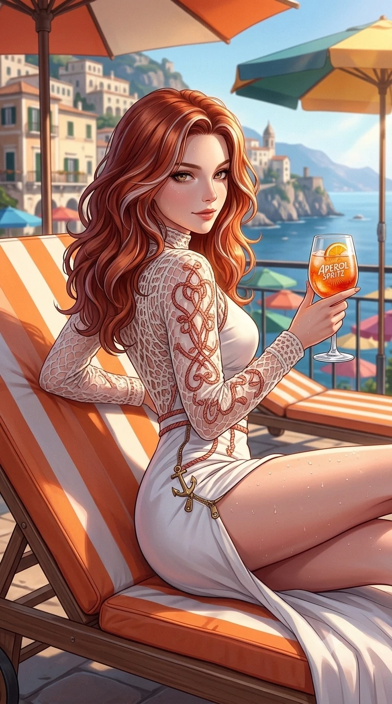 score_9, masterpiece, best quality, ultra-detailed, high-budget anime keyframe, semi-realistic 3D game render, editorial fashion photography, tasteful artistic composition, Caucasian woman. close-up cowboy shot from the waist and thighs up, the character dominates the composition, filling the frame with her large presence. twisting her slender torso in a deep contrapposto stance, hips dramatically shifted to accentuate her feminine curves while looking past her shoulder with smoldering bedroom-eyes while reclining on an orange-and-white striped sun lounger propped on one elbow, holding an Aperol spritz with sovereign high-society charm and bedroom-eyes. The surrounding environment is rendered in vivid detail and crisp panoramic clarity: detailed wet-look crochet coverup weave, dewy water beads on skin, and historic Amalfi architecture in razor-sharp precision. She has an exceptionally elegant, slender, and willowy female figure with an ultra-slim waist, flat toned midriff, narrow ribcage, and sculpted feminine hips creating an alluring, slim hourglass silhouette without bulk. sharp v-shaped jawline, high-bridge nose, sparkling eyes with hypnotic seductive depth, thick curled eyelashes, glossy parted lips with a natural dewy peach sheen, alluring bedroom-eyes with an enchanting coquettish smile, exuding magnetic siren charisma and sophisticated glamour, flawlessly proportioned anatomical accuracy, strict slender model proportions, natural body alignment, perfectly sculpted long slender limbs, ultra-slim waistline, clean dynamic posture without body distortion. wearing a prestigious high-neck long-sleeve silk resort maxi gown with modest silhouette and nautical rope embroidery in Positano pastel rose and terracotta brick, tailored from crisp high-density nautical cotton poplin with pristine structural hold, finished with sleek heavy-duty brass anchor zip pulls and nautical hardware, the impeccably tailored cut draping gracefully along her slender figure with aristocratic resort poise. illuminated by parasol shadow gradients and sharp golden-peach rim lights defining her razor-sharp jawline, narrow waist, and curvy hips. highly saturated vibrant anime colors, detailed shading with soft gradients, rich glossy textures, high-contrast stereoscopic depth, volumetric dynamic lighting, master piece, 9:16 ratio