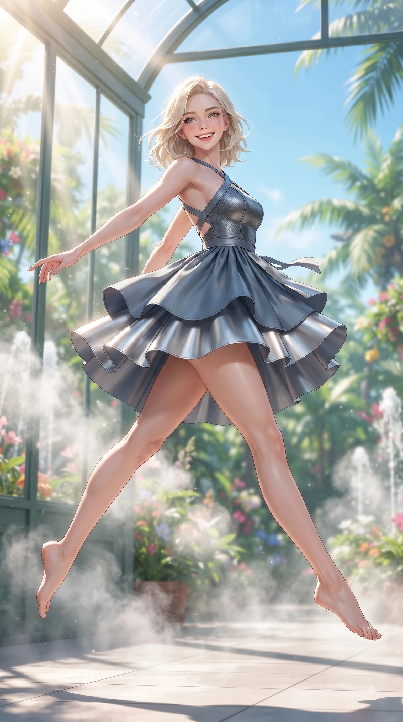 score_9, masterpiece, best quality, ultra-detailed, high-budget anime keyframe, editorial fashion photography, tasteful artistic composition, Caucasian woman. low angle full-body shot from head to toe showing her feet, filling the entire 9:16 vertical frame with her statuesque presence, stretching her vertical silhouette. leaping with pure youthful energy through mid-air with a radiant bright smile, her impossibly long slender legs stretched in balance while resting near a sunlit glass wall as tropical sunbeams highlight her fresh youthful figure, swirling steam clouds from misting fountains adding a magical tropical humidity. She has an absolutely perfect, statuesque 8.5-heads proportion, an exceptionally tall and slender model-like female figure with impossibly long slender legs and an ultra-slim waist. sharp v-shaped jawline, high-bridge nose, intricate jewel-like eyes with depth, thick eyelashes, glossy lips with a natural sheen, flawlessly proportioned anatomical accuracy, natural body alignment, perfectly sculpted elegant limbs, clean dynamic posture without body distortion. wearing a modern fusion silk hanbok dress with a structured bodice and flowing skirt in slate blue and metallic silver, made of fine carbon-fiber weave and soft matte leather, complemented by criss-cross back straps highlighting her bare shoulders, the elegant draped fit framing her graceful clavicle and slender torso. surrounded by a bright, airy, and refreshing tropical garden atmosphere. ultra-reflective glossy finish, specular highlights, metallic sheen, high-contrast stereoscopic depth, volumetric dynamic lighting, 2k, ultra detail, master piece, 9:16 ratio