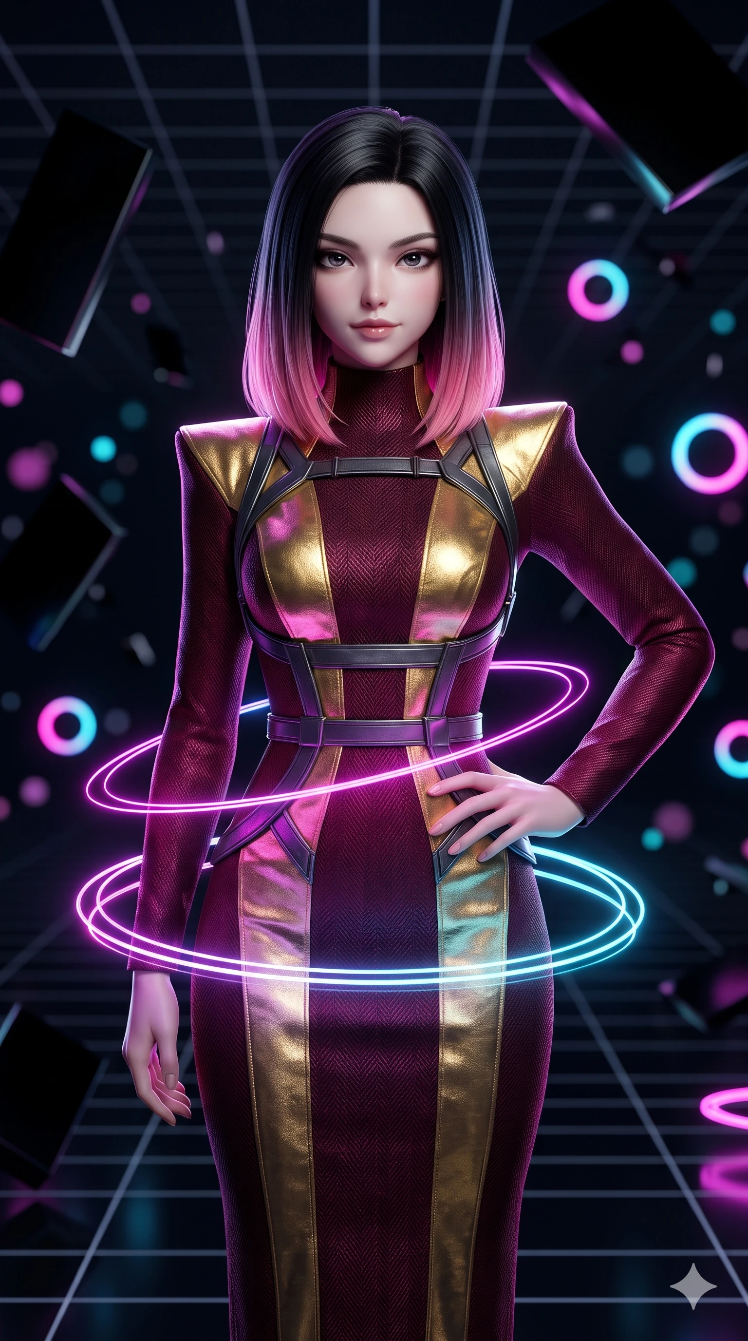 score_9, masterpiece, best quality, ultra-detailed, high-budget anime keyframe, semi-realistic 3D game render, editorial fashion photography, tasteful artistic composition, Korean woman. close-up cowboy shot from the waist and thighs up, the character dominates the composition, filling the frame with her large presence. holding a confident power pose with one hand on her hip, looking into the lens with smoldering intensity while twisting her slender torso in an alluring contrapposto stance, floating geometric neon rings reflecting across her flat midriff and hips. The background shows a soft-focus tumbling obsidian geometric slabs, endless deep-space perspective grid lines, and glowing neon ring nodes blurred into magenta, cyan, and pitch-black bokeh. She has an exceptionally elegant, slender, and willowy female figure with an ultra-slim waist, flat toned midriff, narrow ribcage, and sculpted feminine hips creating an alluring, slim hourglass silhouette without bulk. sharp v-shaped jawline, high-bridge nose, intricate jewel-like dark sparkling eyes with hypnotic seductive depth, thick curled eyelashes, glossy parted lips with a natural wine sheen, alluring bedroom-eyes with an enigmatic smoldering smile, exuding magnetic sovereign charisma and dark avant-garde glamour, flawlessly proportioned anatomical accuracy, strict slender model proportions, natural body alignment, perfectly sculpted long slender limbs, ultra-slim waistline, clean dynamic posture without body distortion. wearing a bespoke high-neck architectural wool column gown with structured sharp shoulder pads in deep wine burgundy and lustrous gold foil, woven from bespoke high-density barathea wool with refined ceremonial hold, highlighted by a gunmetal metallic harness structure, accentuating her gracefully sculpted slender torso and statuesque proportions. illuminated by floating neon grid upward bounce and sharp ultraviolet rim lights defining her razor-sharp jawline, narrow waist, and curvy hips. highly saturated vibrant anime colors, detailed shading with soft gradients, rich glossy textures, high-contrast stereoscopic depth, volumetric dynamic lighting, master piece, 9:16 ratio