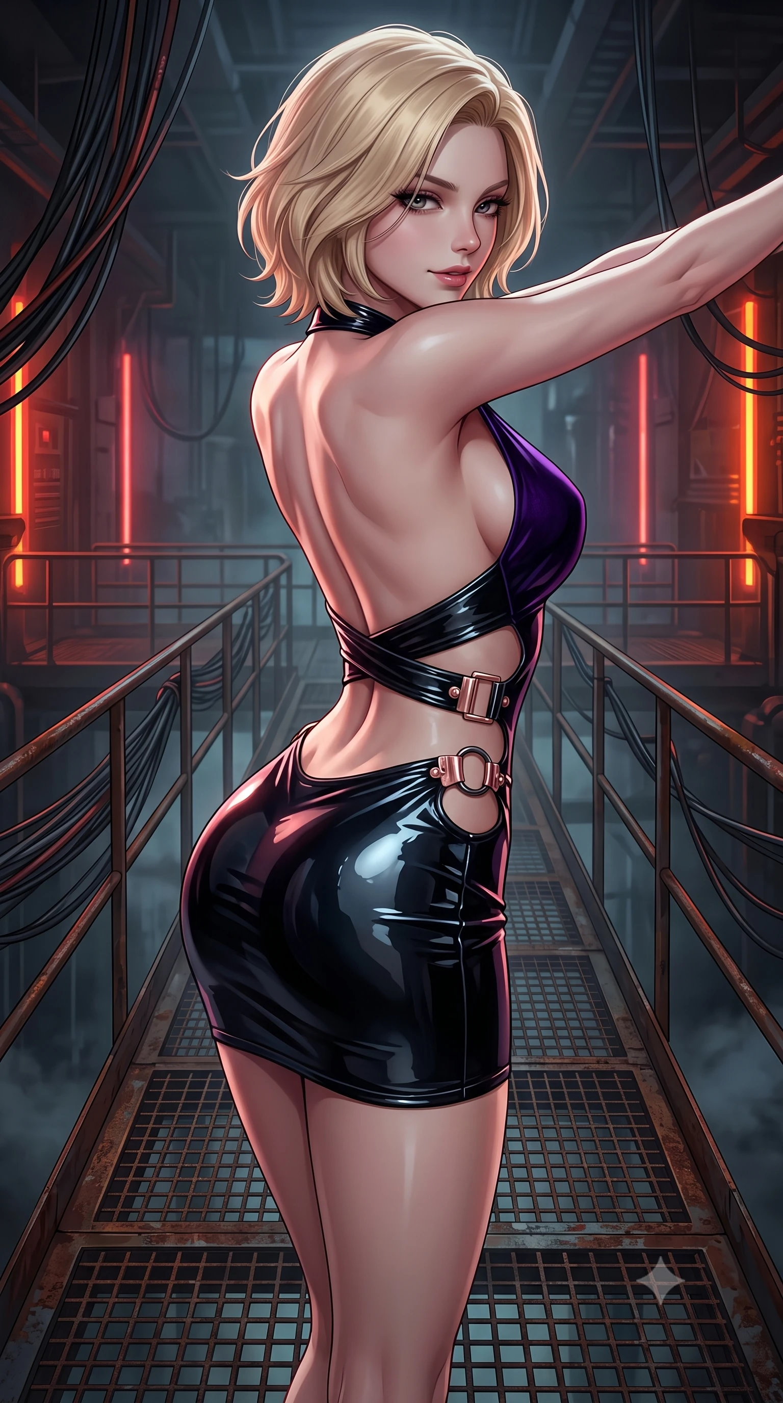 score_9, masterpiece, best quality, ultra-detailed, high-budget anime keyframe, semi-realistic 3D game render, editorial fashion photography, tasteful artistic composition, Caucasian woman. close-up cowboy shot from the waist and thighs up, the character dominates the composition, filling the frame with her large presence. stretching forward with an alluring arch of her spine, glancing over her shoulder with heavy lashes and an intoxicating, seductive half-smile while standing with commanding dangerous allure on a rusted metal grating suspended above a dark factory abyss. The surrounding environment is rendered in vivid detail and crisp panoramic clarity. sharp conduit wire bundles, metal catwalk railings, and pulsing beacon light borders in high resolution. She has an exceptionally elegant, slender, and willowy female figure with an ultra-slim waist, a gracefully sculpted slender torso, toned flat midriff, and a refined slim silhouette. sharp v-shaped jawline, high-bridge nose, intricate jewel-like eyes with depth, thick eyelashes, glossy lips with a natural sheen, flawlessly proportioned anatomical accuracy, strict slender model proportions, natural body alignment, perfectly sculpted long slender limbs, ultra-slim waistline, clean dynamic posture without body distortion. wearing a second-skin midnight black latex mini dress with a dramatic open-back design wrapping around her waist and a plunging neckline in deep velvet violet and rose-gold metallic clasps, formed from high-gloss patent material with specular chiaroscuro reflections, detailed with polished gunmetal rings connecting the daring side-waist cutouts, the form-contouring material adhering flawlessly to her sculpted flat midriff and slender torso, emphasizing her long leg lines and perfectly proportioned willowy build. surrounded by a gritty, rebellious, and fiercely provocative cyber-underworld queen aura. rich saturated anime colors with deep moody shadows, detailed chiaroscuro shading with soft gradients, rich glossy textures, high-contrast stereoscopic depth, volumetric dynamic shadow lighting, master piece, 9:16 ratio