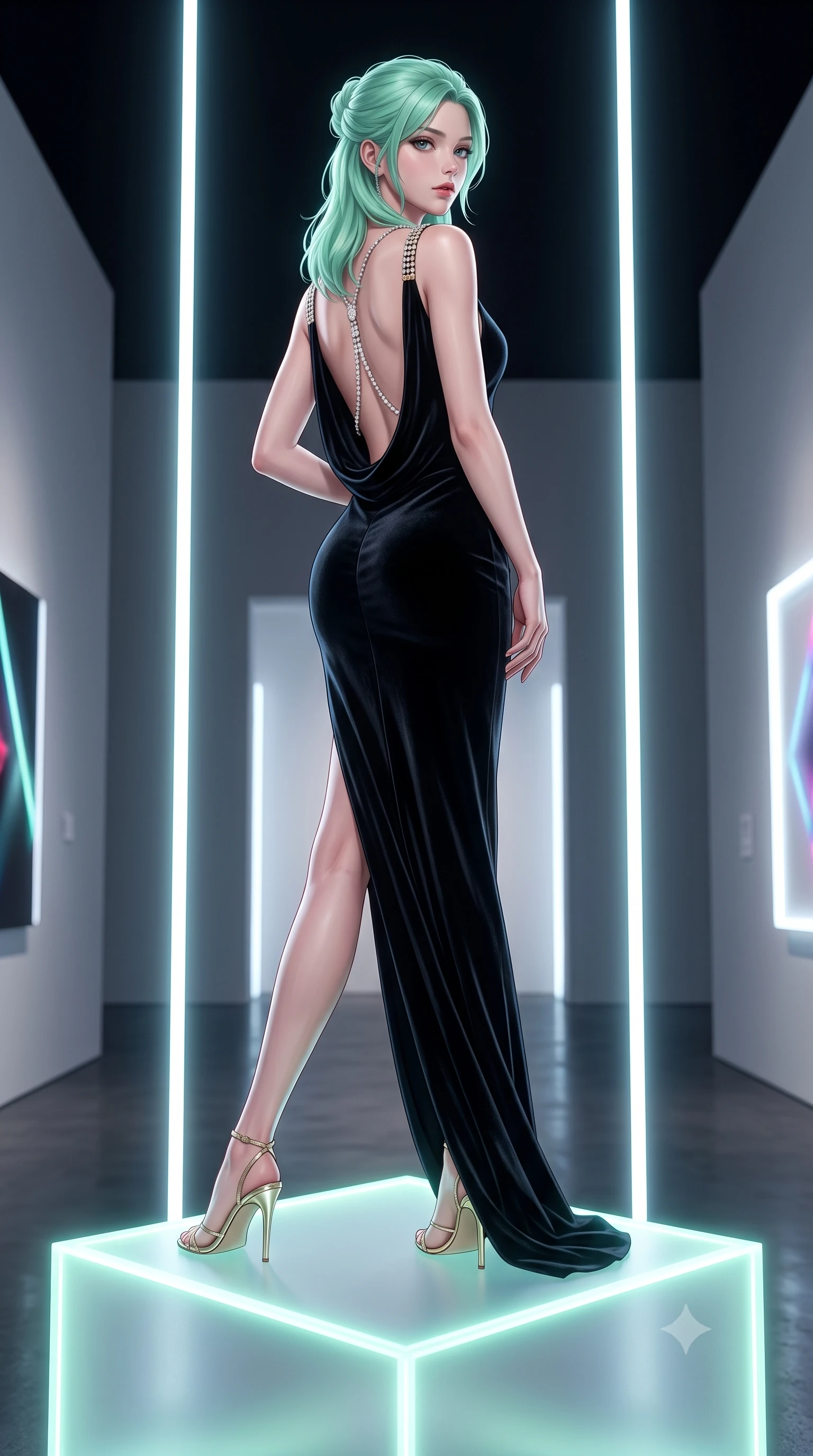 score_9, masterpiece, best quality, ultra-detailed, high-budget anime keyframe, semi-realistic 3D game render, editorial fashion photography, tasteful artistic composition, Japanese woman. low angle full-body shot from head to toe showing her feet, filling the entire 9:16 vertical frame with her statuesque presence, stretching her vertical silhouette. pivoting dynamically with supreme athletic balance and poise, her impossibly long slender legs creating a breathtaking line while sitting poised atop a frosted neon cube with one leg extended, her statuesque silhouette framed by vertical light bars. The surrounding environment is rendered in vivid detail and crisp panoramic clarity. ultra-modern minimalist gallery chiaroscuro and precision-engineered light art aesthetics in sharp focus. She has an absolutely perfect, statuesque 8.5-heads proportion, an exceptionally tall and slender model-like female figure with impossibly long slender legs, a toned flat midriff, and an ultra-slim waist. sharp v-shaped jawline, high-bridge nose, intricate jewel-like eyes with depth, thick eyelashes, glossy lips with a natural sheen, captivating and magnetic expression, flawlessly proportioned anatomical accuracy, strict slender model proportions, natural body alignment, perfectly sculpted long slender limbs, ultra-slim waistline, clean dynamic posture without body distortion. wearing an opulent backless black velvet evening gown with a plunging cowl back and diamond-encrusted shoulder straps in midnight black and liquid gold, crafted from heavyweight crushed silk velvet with liquid luster, accented with a glittering diamond back chain tracing her bare spine edition #30, the form-contouring material adhering flawlessly to her sculpted flat midriff and slender torso, emphasizing her long leg lines and perfectly proportioned willowy build. surrounded by a cutting-edge, avant-garde, and mesmerizingly stylish future-fashion muse aura. highly saturated vibrant anime colors, detailed shading with soft gradients, rich glossy textures, high-contrast stereoscopic depth, volumetric dynamic lighting, master piece, 9:16 ratio