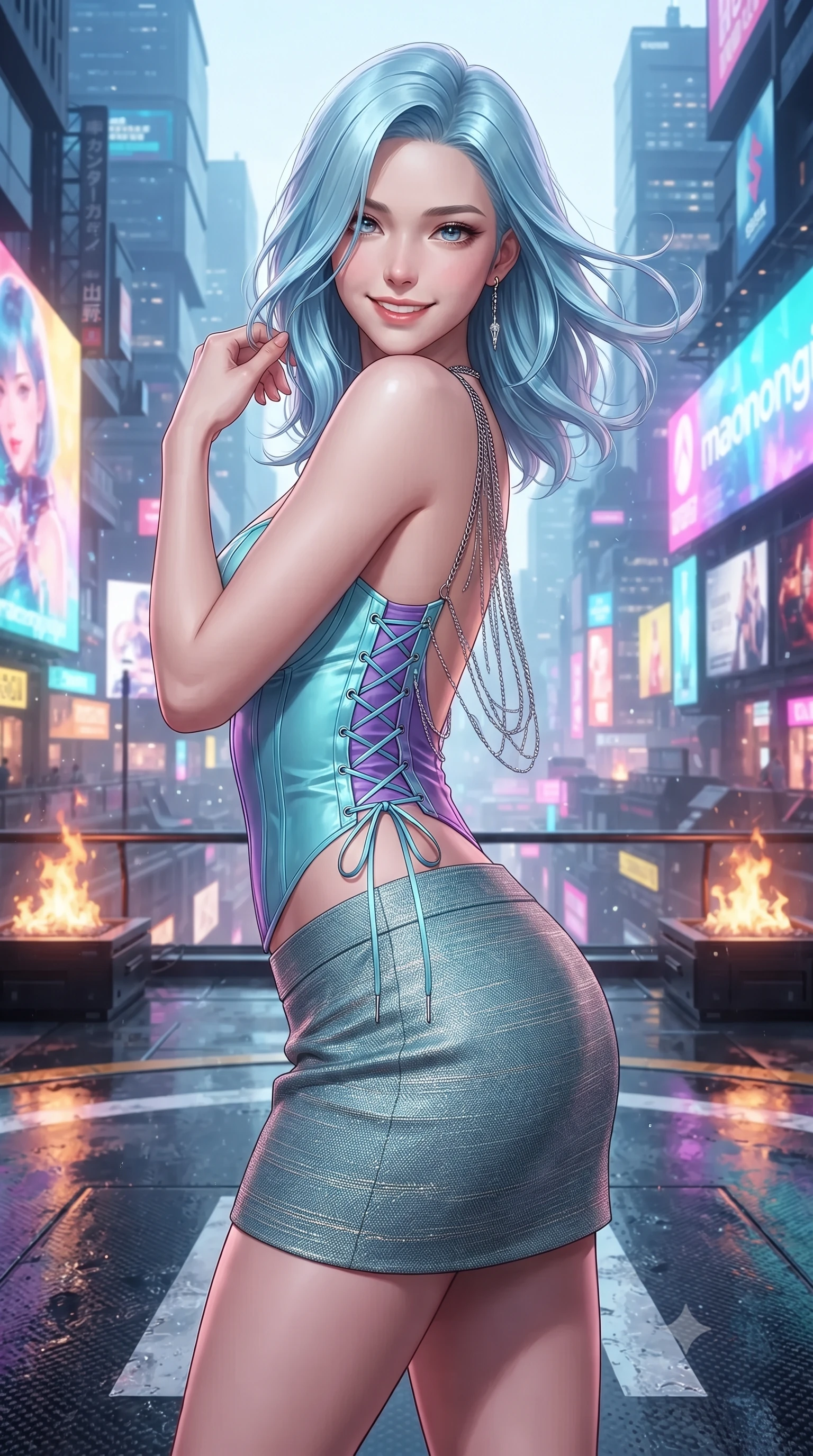 score_9, masterpiece, best quality, ultra-detailed, high-budget anime keyframe, editorial fashion photography, tasteful artistic composition, Korean woman. close-up cowboy shot from the waist and thighs up, the character dominates the composition, filling the frame with her large presence. turning slowly with an enchanting smoldering smile, her glossy hair tossing in the breeze as her hips angle gracefully in a captivating contrapposto while standing poised on the wet carbon-fiber helipad high above Roppongi's holographic canyon, arching her back with high-fashion supermodel confidence as warm urban exhaust winds blow. The surrounding environment is rendered in vivid detail and crisp panoramic clarity: detailed garment tailoring, cyber-hardware accents, and cutting-edge aero-architecture in razor-sharp precision. She has an exceptionally elegant, slender, and willowy female figure with an ultra-slim waist, flat toned midriff, narrow ribcage, and sculpted feminine hips creating an alluring, slim hourglass silhouette without bulk. sharp v-shaped jawline, high-bridge nose, intricate jewel-like sparkling eyes with depth, thick eyelashes, glossy parted lips with a natural peach sheen, bright cheerful beaming smile with an enchanting and coquettish sensual glint, exuding both youthful cute charm and seductive allure, flawlessly proportioned anatomical accuracy, strict slender model proportions, natural body alignment, perfectly sculpted long slender limbs, ultra-slim waistline, clean dynamic posture without body distortion. wearing a sculpted satin cyber-corset with lace-up side ties paired with a low-rise micro skirt in Cheonggyecheon neon aqua and ultraviolet amethyst, tailored from high-density tech-wool with subtle metallic thread weave, accented with an open-back drape framed by falling strands of delicate chrome chains, the precision-cut side openings and low-back scoop framing her graceful spine and the sensual sweep of her slim, toned hips. bathed in the dynamic multi-colored ambient glow of mammoth holographic billboards contrasted with warm fire pit flames. ultra-reflective glossy finish, specular highlights, rich textural contrasts, high-contrast stereoscopic depth, volumetric dynamic lighting, 2k, ultra detail, master piece, 9:16 ratio