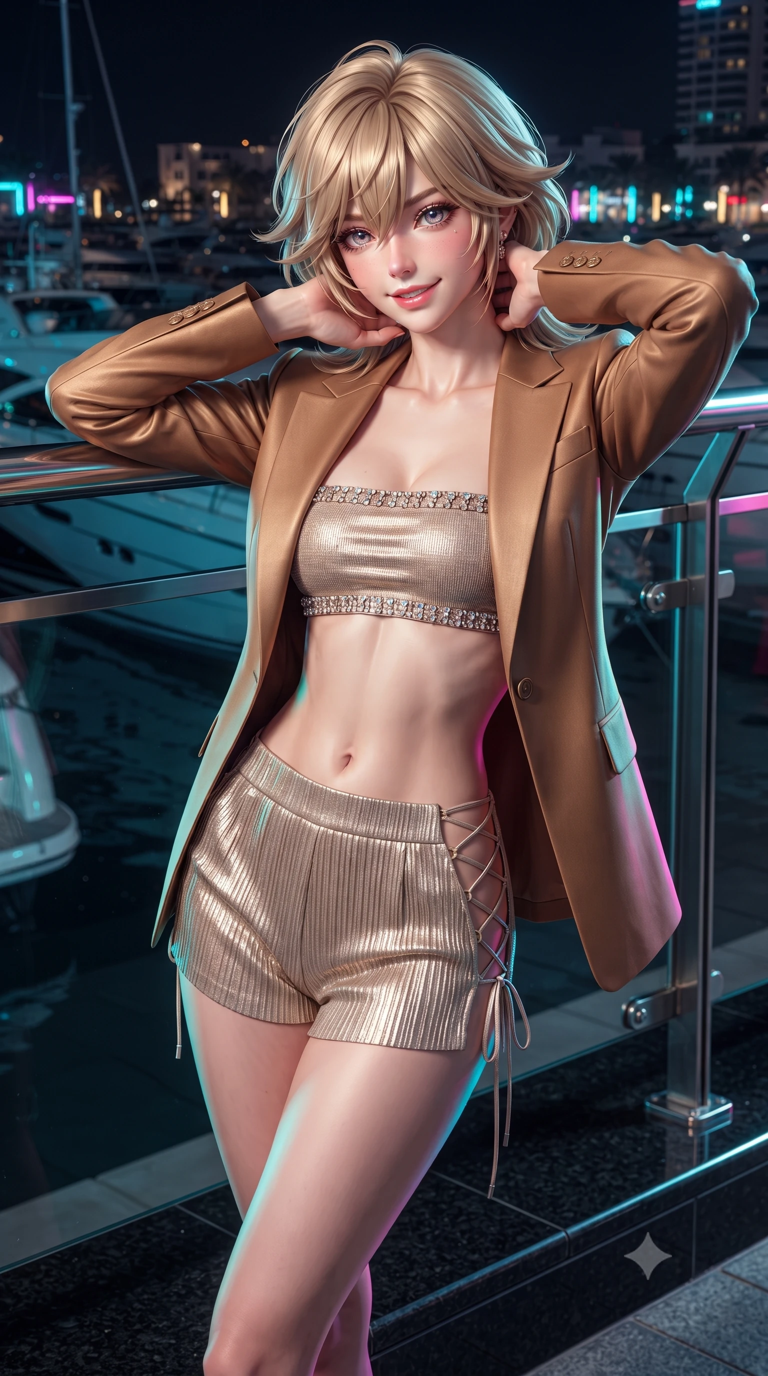 score_9, masterpiece, best quality, ultra-detailed, high-budget anime keyframe, editorial fashion photography, tasteful artistic composition, Japanese woman. close-up cowboy shot from the waist and thighs up, the character dominates the composition, filling the frame with her large presence. resting both hands lightly behind her neck with elbows raised, arching her spine to highlight her narrow waist, flat midriff, and breathtaking collarbones while leaning against the glass-and-steel promenade railing with one knee bent, neon reflections dancing across her narrow waist and hips. The surrounding environment is rendered in vivid detail and crisp panoramic clarity: sharp polished black granite pavement joints, stainless steel railing joints, and yacht hull gelcoat reflections in deep focus. She has an exceptionally elegant, slender, and willowy female figure with an ultra-slim waist, flat toned midriff, narrow ribcage, and sculpted feminine hips creating an alluring, slim hourglass silhouette without bulk. sharp v-shaped jawline, high-bridge nose, intricate jewel-like sparkling eyes with depth, thick eyelashes, glossy parted lips with a natural peach sheen, bright cheerful beaming smile with an enchanting and coquettish sensual glint, exuding both youthful cute charm and seductive allure, flawlessly proportioned anatomical accuracy, strict slender model proportions, natural body alignment, perfectly sculpted long slender limbs, ultra-slim waistline, clean dynamic posture without body distortion. wearing a modern tailored open-front smoking jacket blazer worn over a jeweled bandeau crop top and high-waisted tailored micro-shorts in warm toasted caramel and shimmering champagne, crafted from delicate pleated metallic lamé catching dynamic light with every step, featuring fine criss-cross lace-up side ties revealing tantalizing glimpses of her hip curve, the precision-cut side openings and low-back scoop framing her graceful spine and the sensual sweep of her slim, toned hips. bathed in intense saturated cyan, magenta, and gold neon architectural facade lighting reflecting in dark marina water. ultra-reflective glossy finish, specular highlights, rich textural contrasts, high-contrast stereoscopic depth, volumetric dynamic lighting, 2k, ultra detail, master piece, 9:16 ratio
