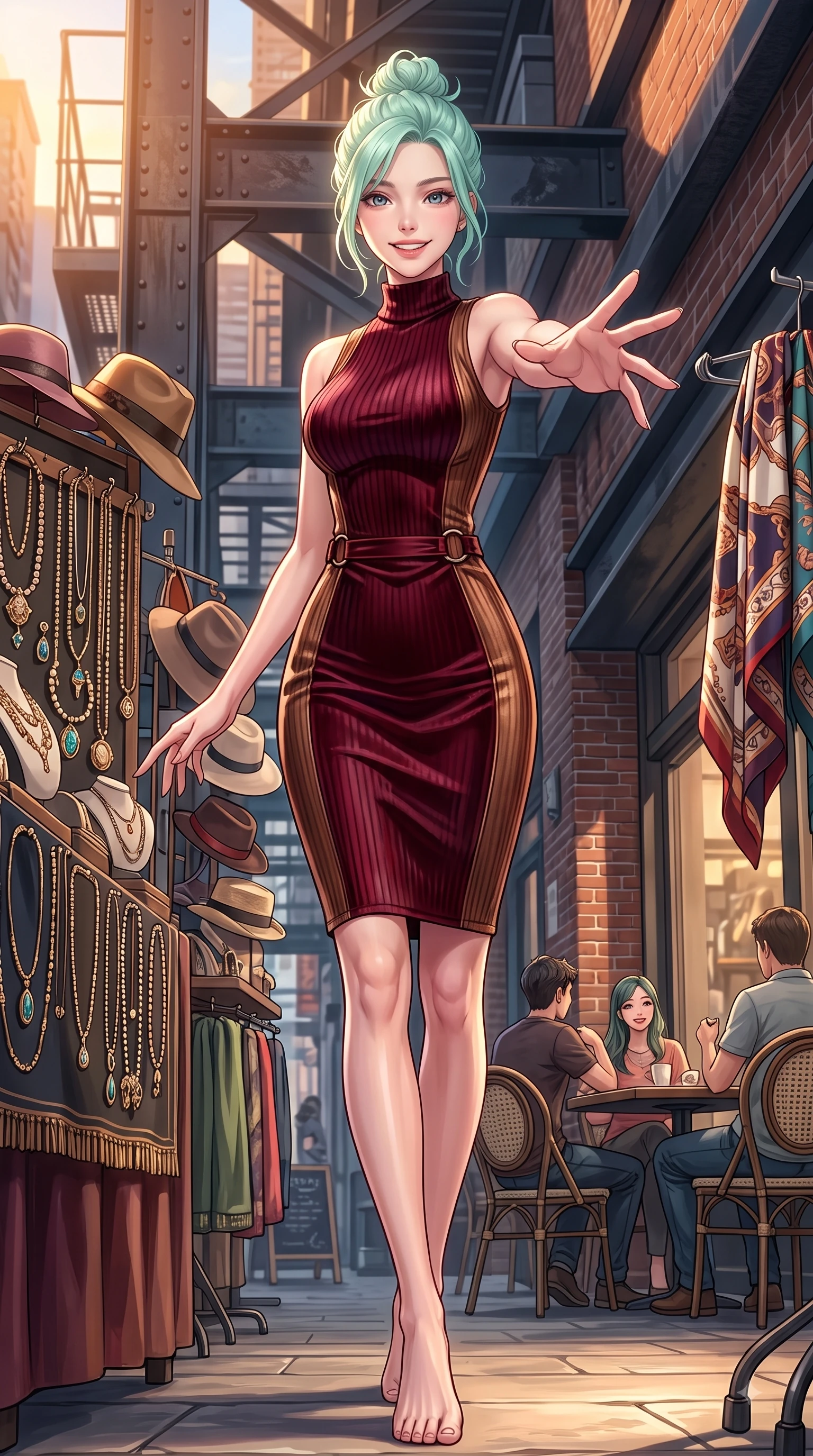score_9, masterpiece, best quality, ultra-detailed, high-budget anime keyframe, editorial fashion photography, tasteful artistic composition, Japanese woman. low angle full-body shot from head to toe showing her feet, filling the entire 9:16 vertical frame with her statuesque presence, stretching her vertical silhouette. pivoting dynamically with a fresh infectious smile, her ultra-slim waist creating a sweeping fluid curve while reaching out playfully toward the camera while browsing an outdoor fashion accessory display. The surrounding environment is rendered in vivid detail and crisp panoramic clarity. intricate fashion displays, outdoor cafe seating, and crisp architectural shadows rendered in deep focus. She has an absolutely perfect, statuesque 8.5-heads proportion, an exceptionally tall and slender model-like female figure with impossibly long slender legs and an ultra-slim waist. sharp v-shaped jawline, high-bridge nose, intricate jewel-like eyes with depth, thick eyelashes, glossy lips with a natural sheen, flawlessly proportioned anatomical accuracy, natural body alignment, perfectly sculpted elegant limbs, clean dynamic posture without body distortion. wearing a high-neck sleeveless ribbed knit dress following her statuesque figure like a glove in deep burgundy red and bronze accent, made of lustrous stretch velvet, accented with subtle metallic ring hardware framing her waist, the glove-like fit emphasizing her statuesque silhouette during motion. bathed in brilliant golden hour sunshine and warm urban ambient illumination. highly saturated vibrant anime colors, detailed shading with soft gradients, rich glossy textures, high-contrast stereoscopic depth, volumetric dynamic lighting, master piece, 9:16 ratio