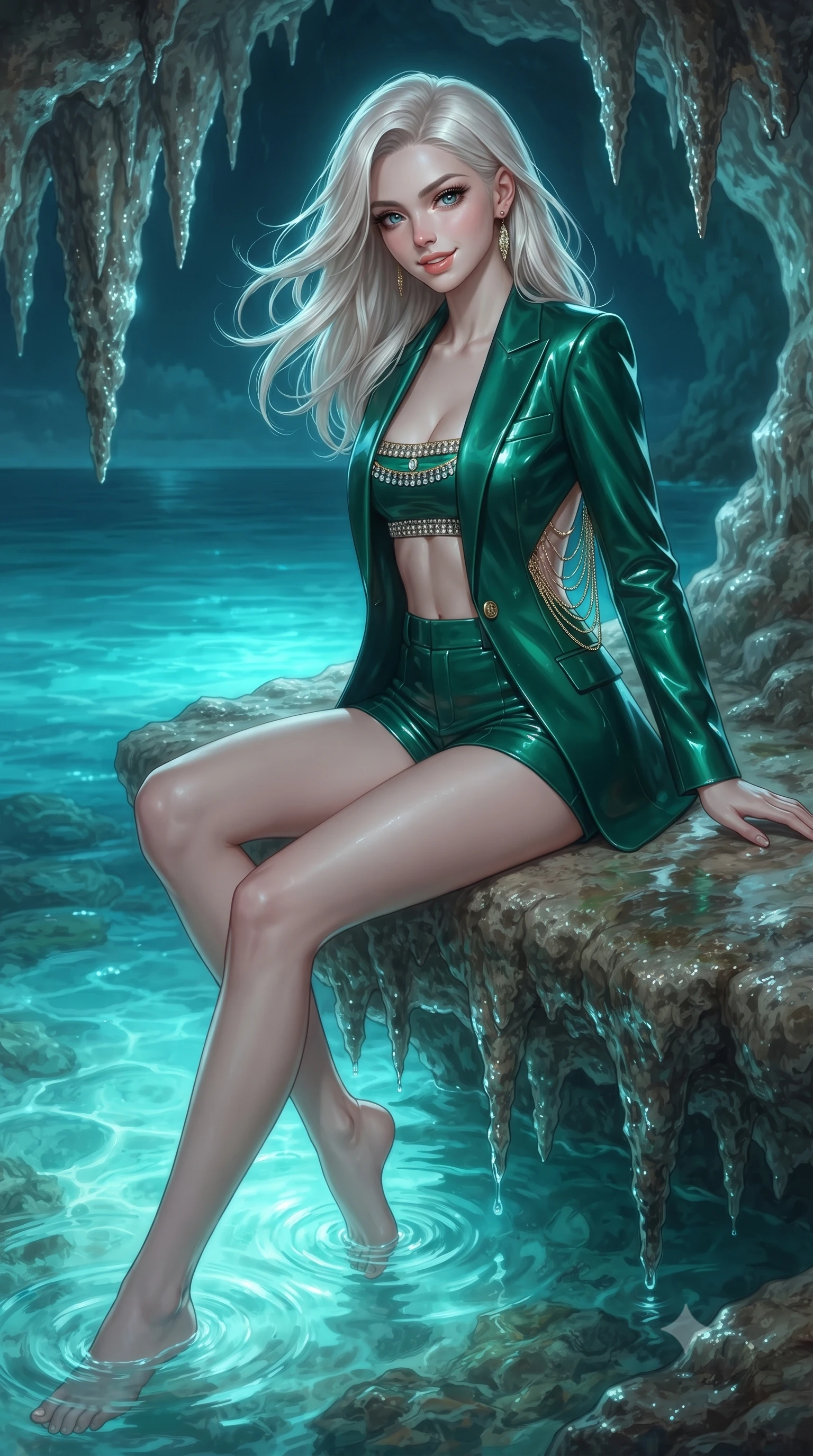 score_9, masterpiece, best quality, ultra-detailed, high-budget anime keyframe, editorial fashion photography, tasteful artistic composition, Caucasian woman. close-up cowboy shot from the waist and thighs up, the character dominates the composition, filling the frame with her large presence. turning slowly with an enchanting smoldering smile, her glossy hair tossing in the breeze as her hips angle gracefully in a captivating contrapposto while sitting gracefully on the natural stone shelf propped on one hand, her long slender legs trailing in the illuminated turquoise tide. The surrounding environment is rendered in vivid detail and crisp panoramic clarity: sharp natural limestone stalactite textures, crystal-clear water meniscus, and damp rock surface glisten in deep focus. She has an exceptionally elegant, slender, and willowy female figure with an ultra-slim waist, flat toned midriff, narrow ribcage, and sculpted feminine hips creating an alluring, slim hourglass silhouette without bulk. sharp v-shaped jawline, high-bridge nose, intricate jewel-like sparkling eyes with depth, thick eyelashes, glossy parted lips with a natural peach sheen, bright cheerful beaming smile with an enchanting and coquettish sensual glint, exuding both youthful cute charm and seductive allure, flawlessly proportioned anatomical accuracy, strict slender model proportions, natural body alignment, perfectly sculpted long slender limbs, ultra-slim waistline, clean dynamic posture without body distortion. wearing a modern tailored open-front smoking jacket blazer worn over a jeweled bandeau crop top and high-waisted tailored micro-shorts in Monte Carlo casino emerald green and polished brass, crafted from wet-look high-gloss vinyl fabric with dazzling specular surface reflections, accented with an open-back drape framed by falling strands of delicate gold chains, the second-skin tailored fabric adhering flawlessly to her sculpted flat midriff and slender torso, emphasizing her long leg lines and perfectly proportioned willowy build. bathed in ethereal bioluminescent cyan-teal glow radiating from the sea water mixed with cool silver moonlight. ultra-reflective glossy finish, specular highlights, rich textural contrasts, high-contrast stereoscopic depth, volumetric dynamic lighting, 2k, ultra detail, master piece, 9:16 ratio